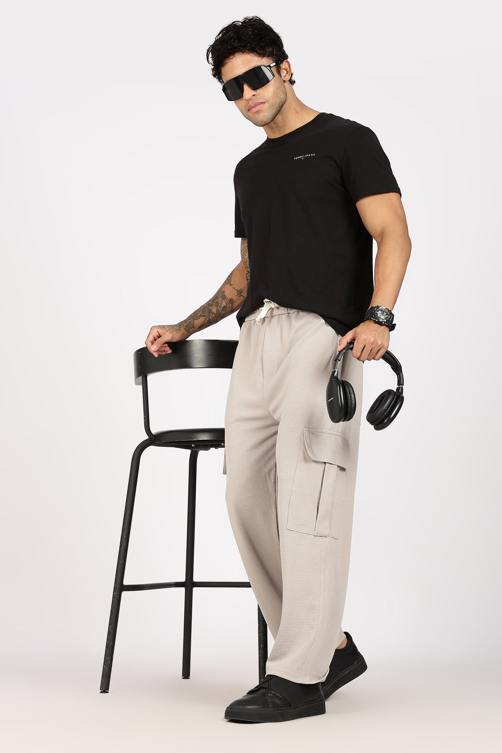 Beige Textured Utility Cargo Trouser