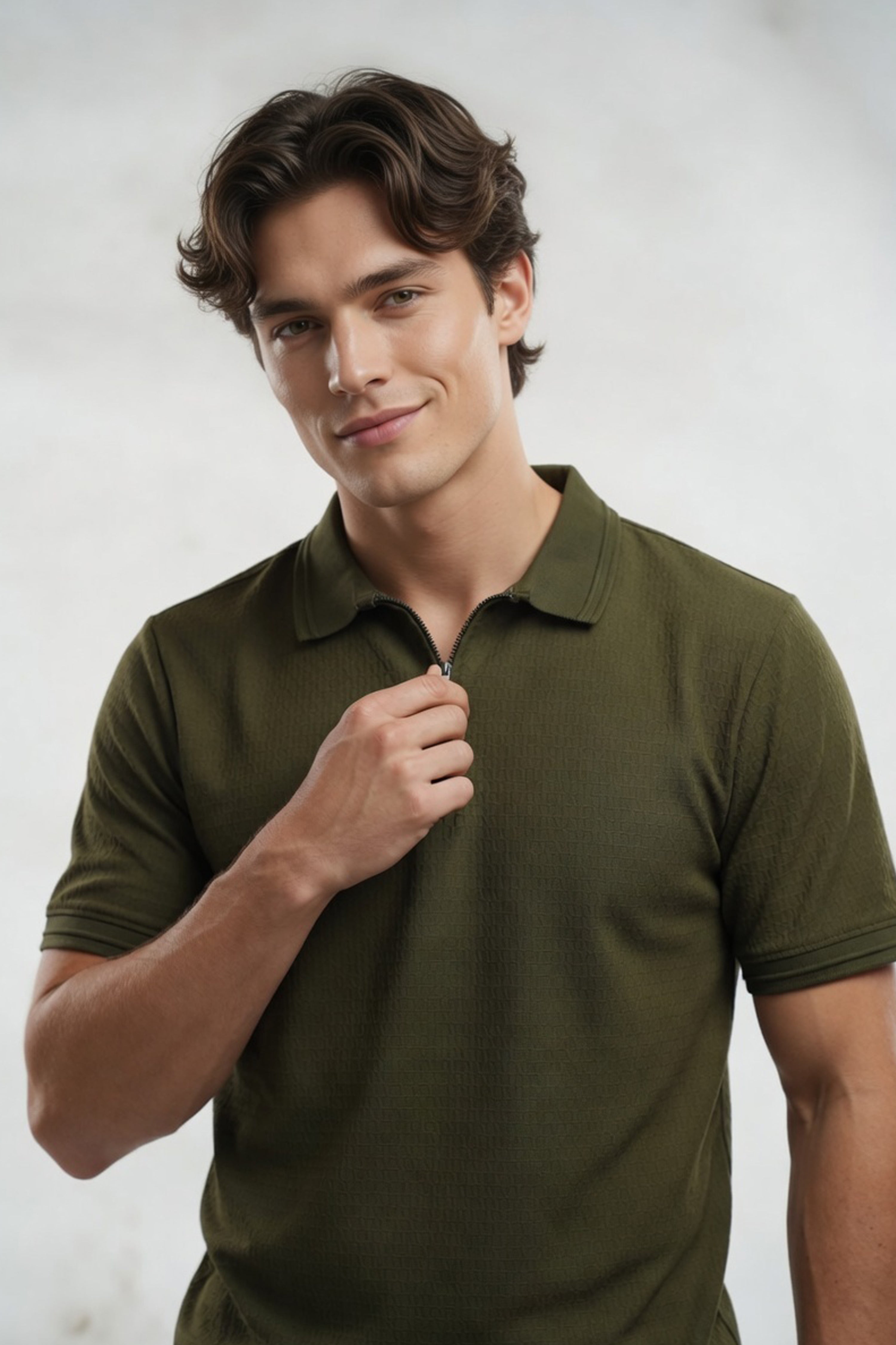 Olive Green Textured Quarter-Zip Polo