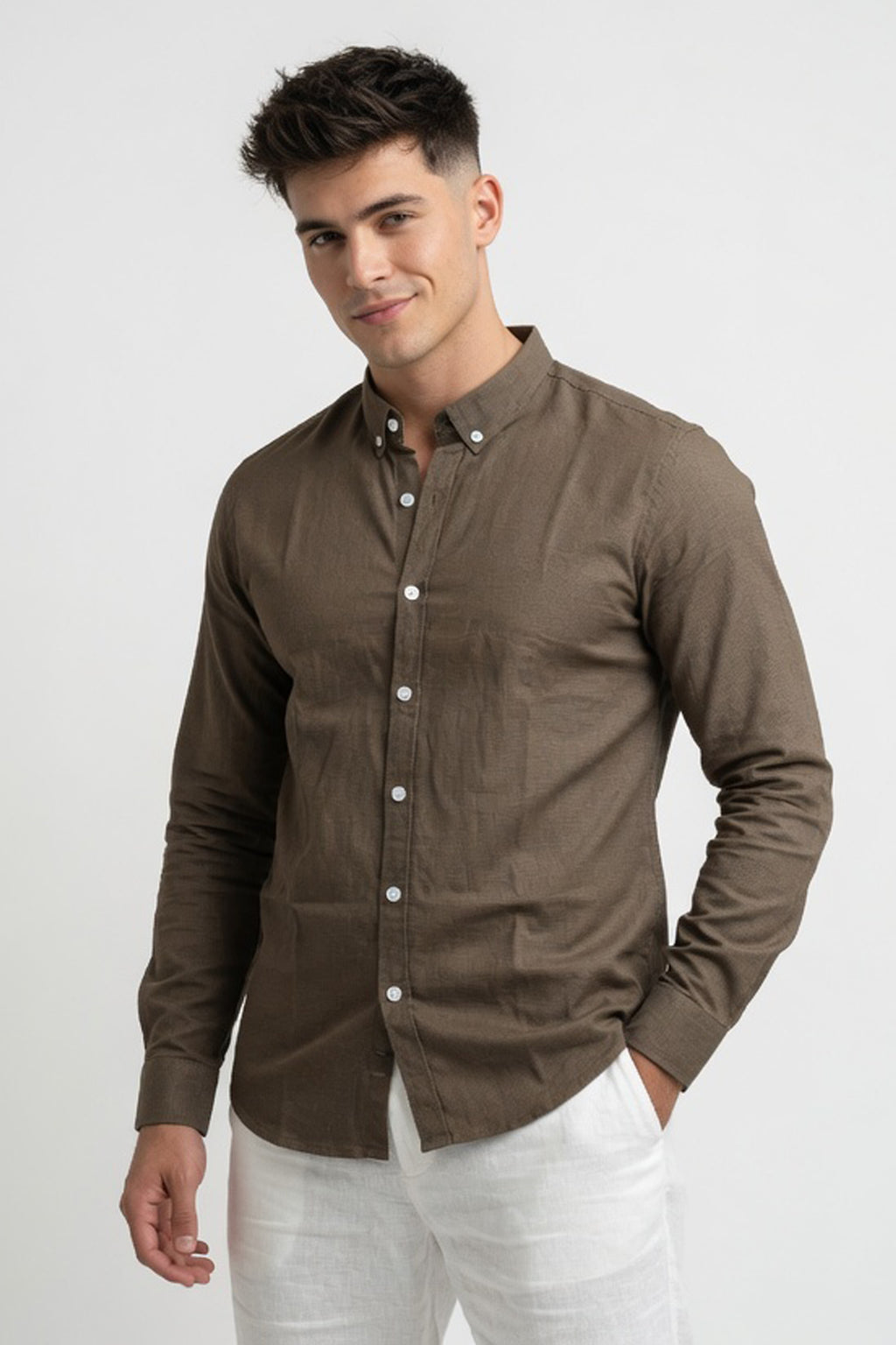 Coffee Brown Linen-Blend Slim Fit Shirt