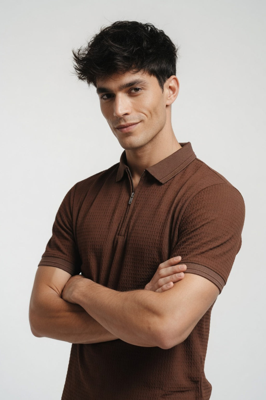 Coffee Brown Textured Quarter-Zip Polo