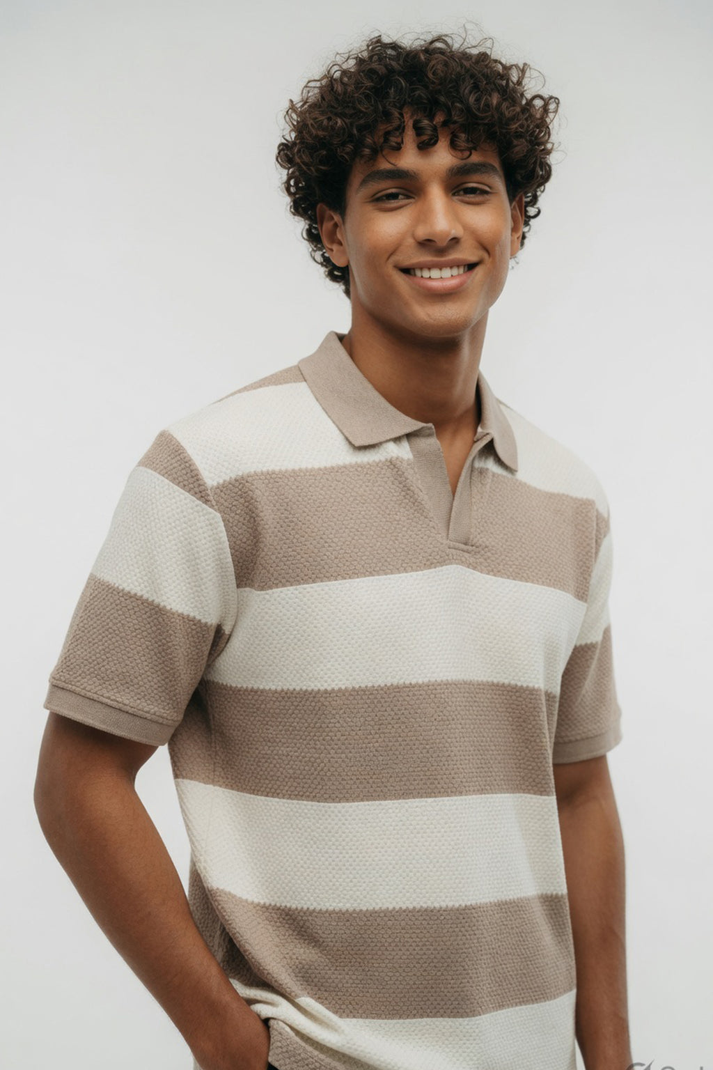 Earth-Tone Textured Striped Polo