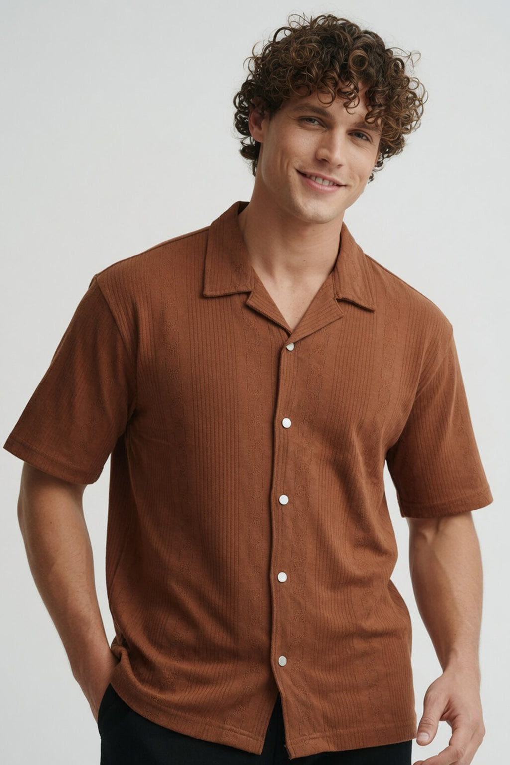 Cedar Brown Ribbed Cuban Collar Shirt