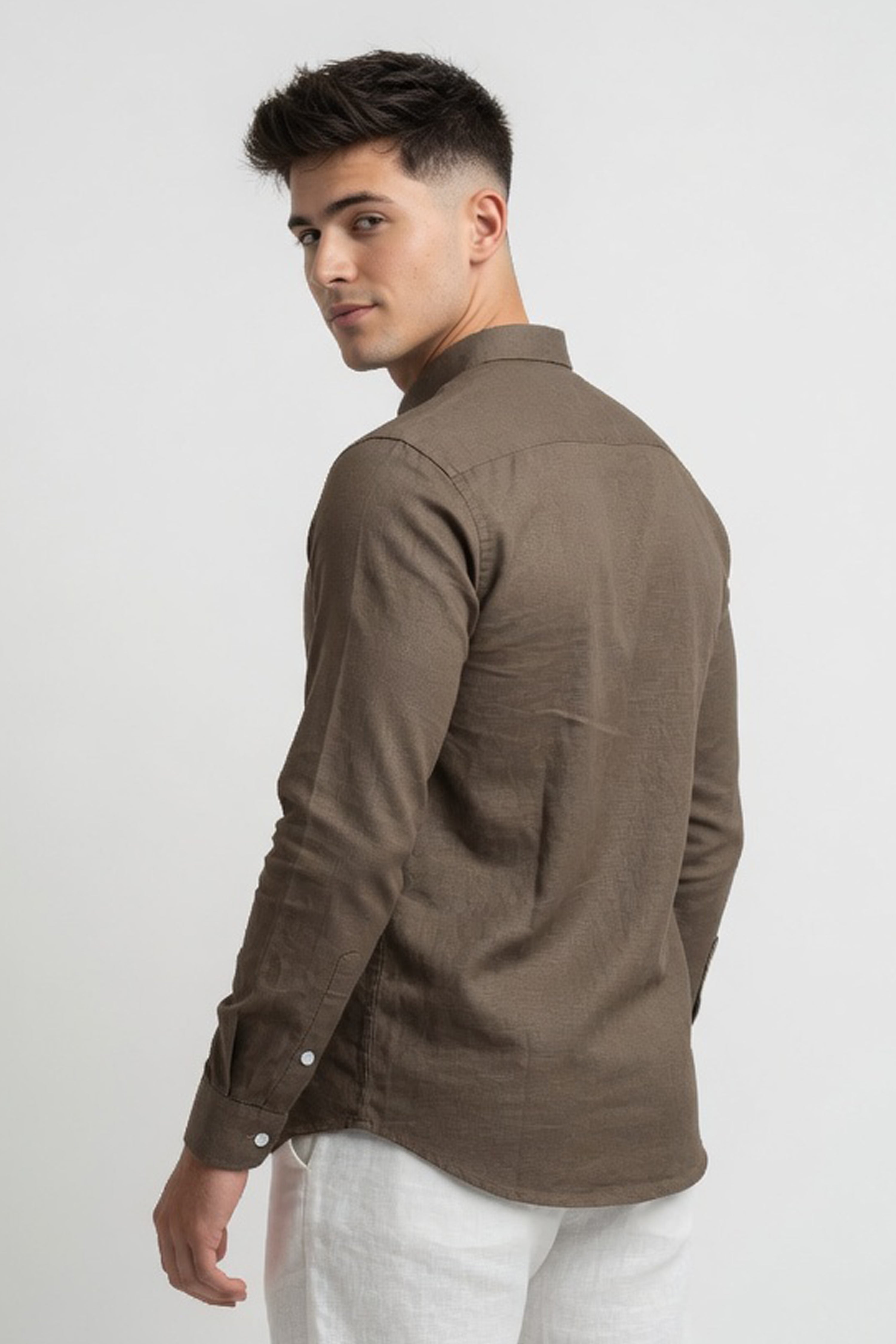 Coffee Brown Linen-Blend Slim Fit Shirt