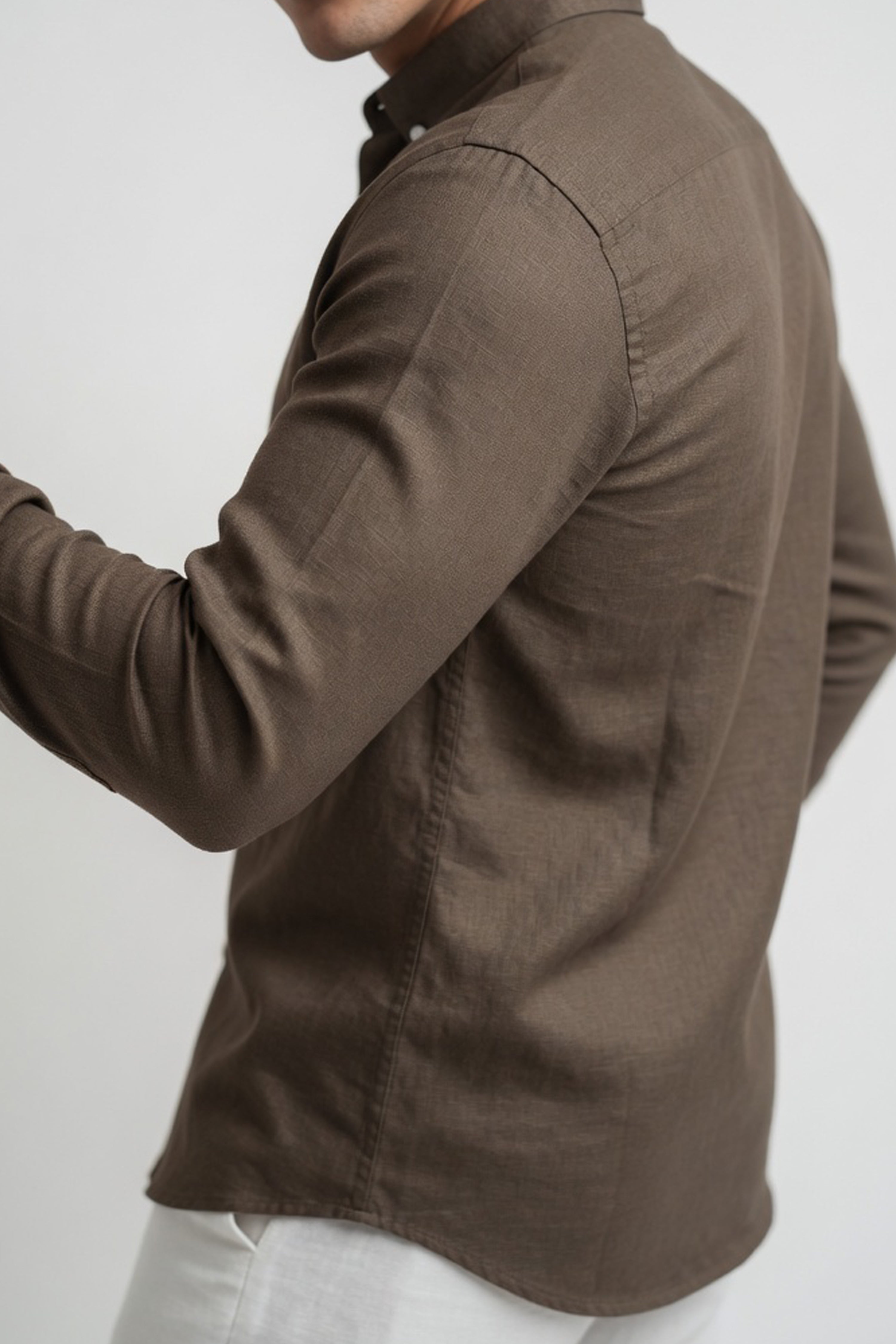 Coffee Brown Linen-Blend Slim Fit Shirt