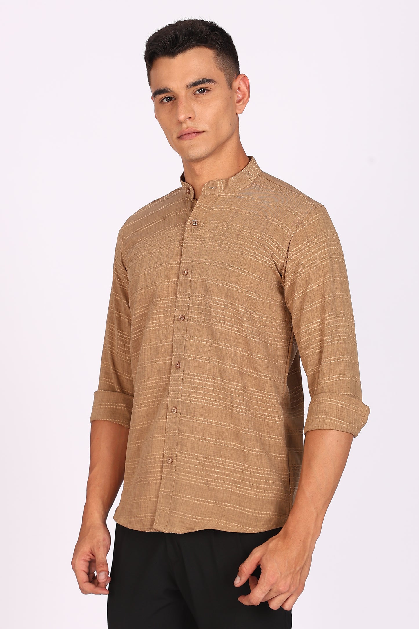 Men’s Beige Textured Mandarin Collar Casual Shirt