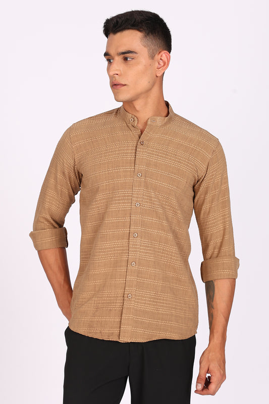 Men’s Beige Textured Mandarin Collar Casual Shirt