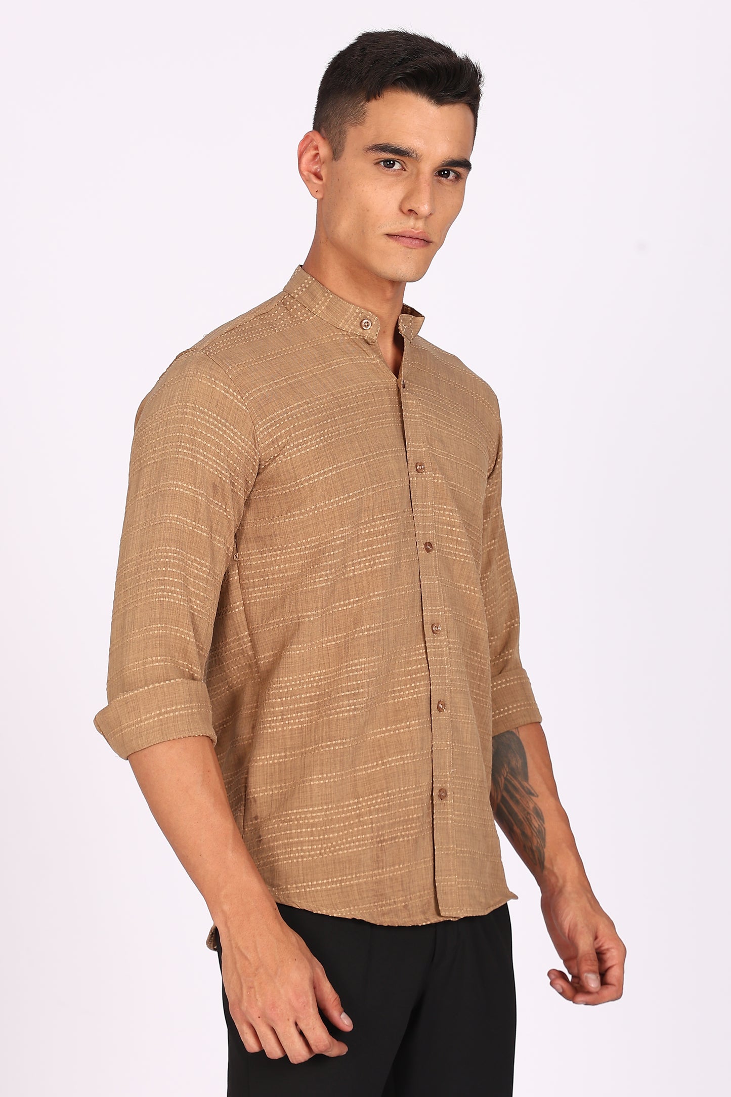 Men’s Beige Textured Mandarin Collar Casual Shirt