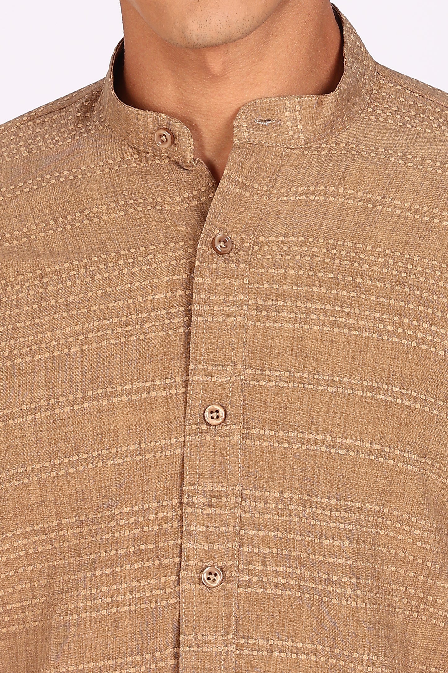 Men’s Beige Textured Mandarin Collar Casual Shirt
