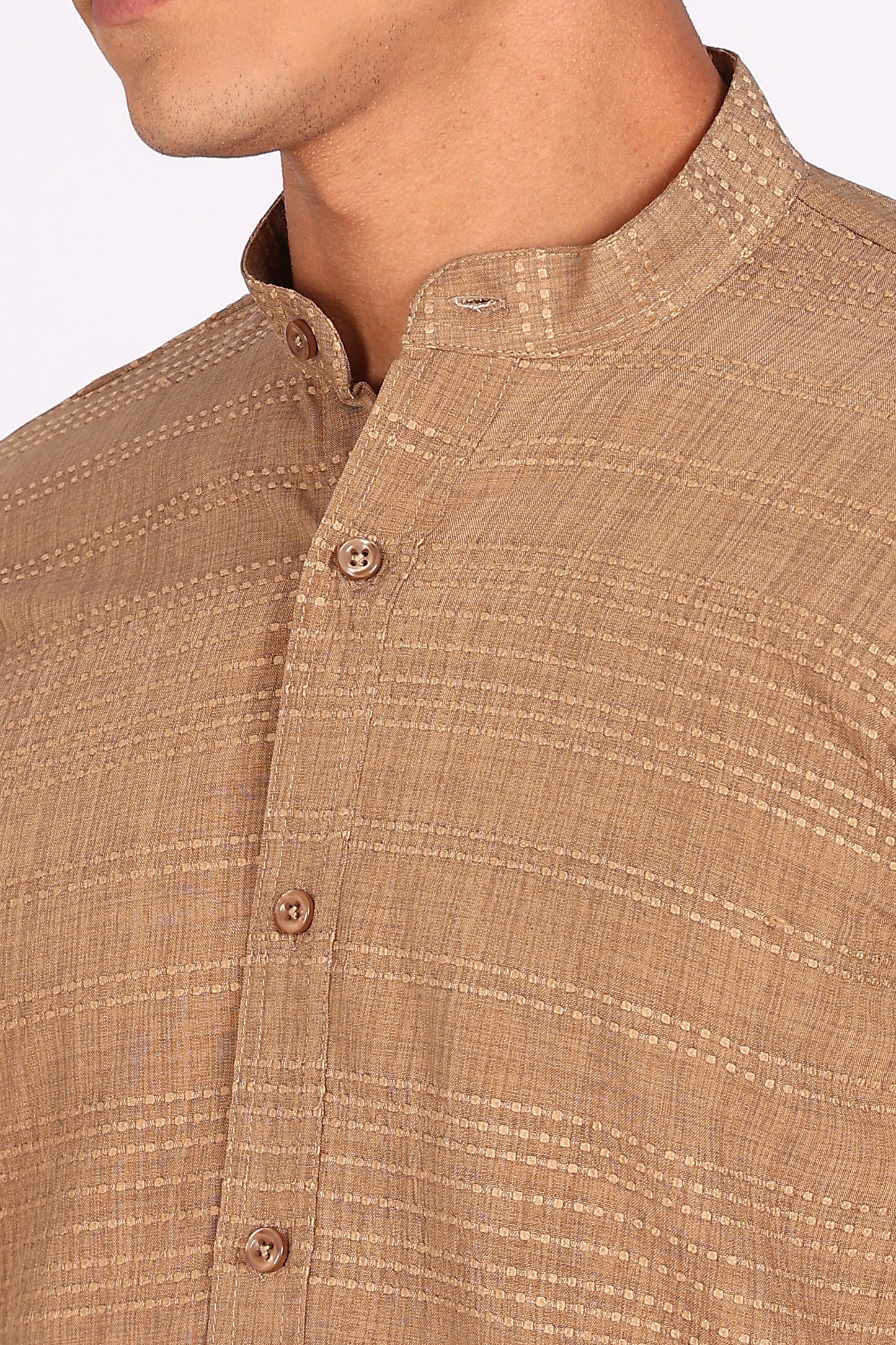Men’s Beige Textured Mandarin Collar Casual Shirt