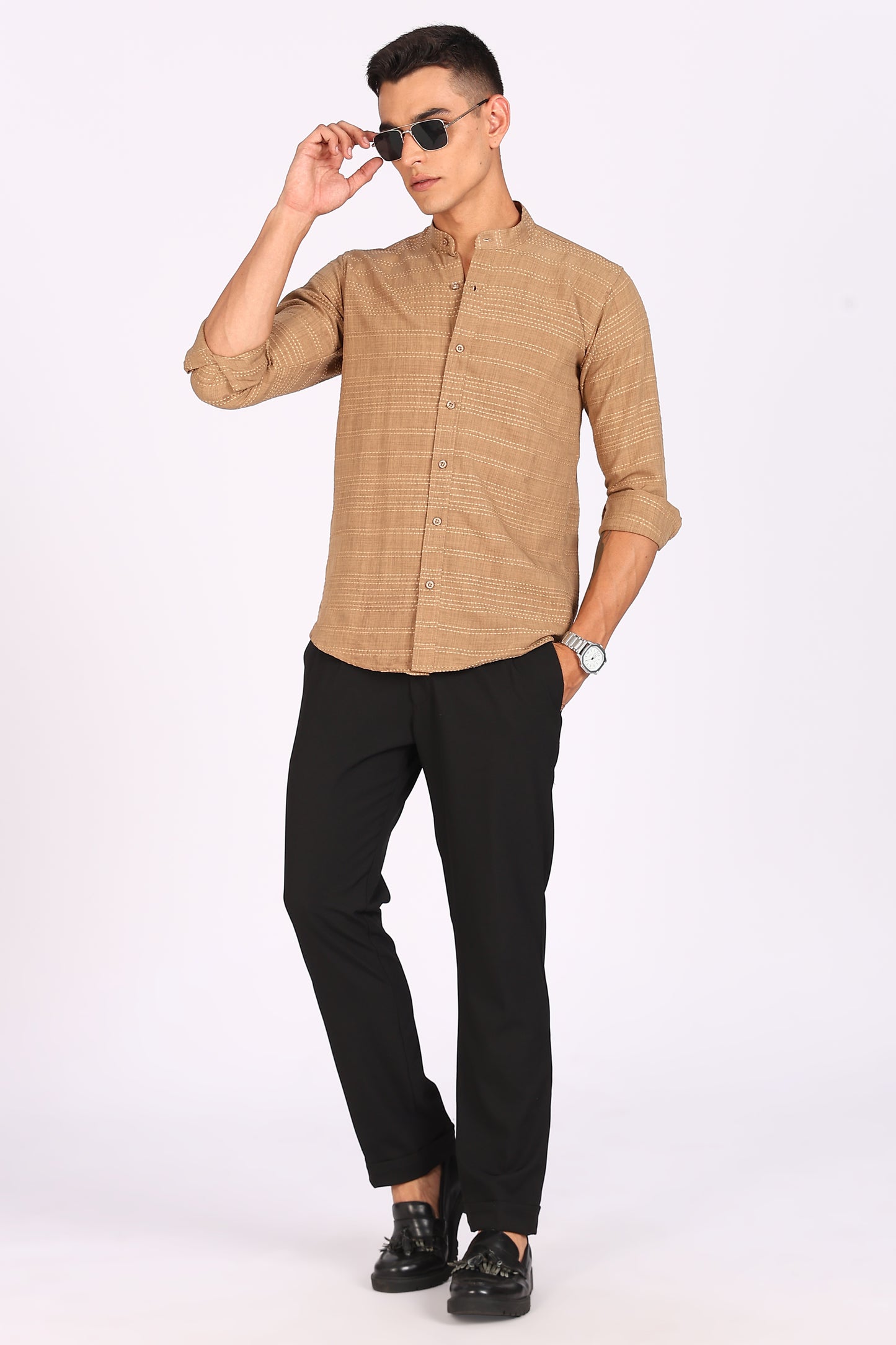 Men’s Beige Textured Mandarin Collar Casual Shirt