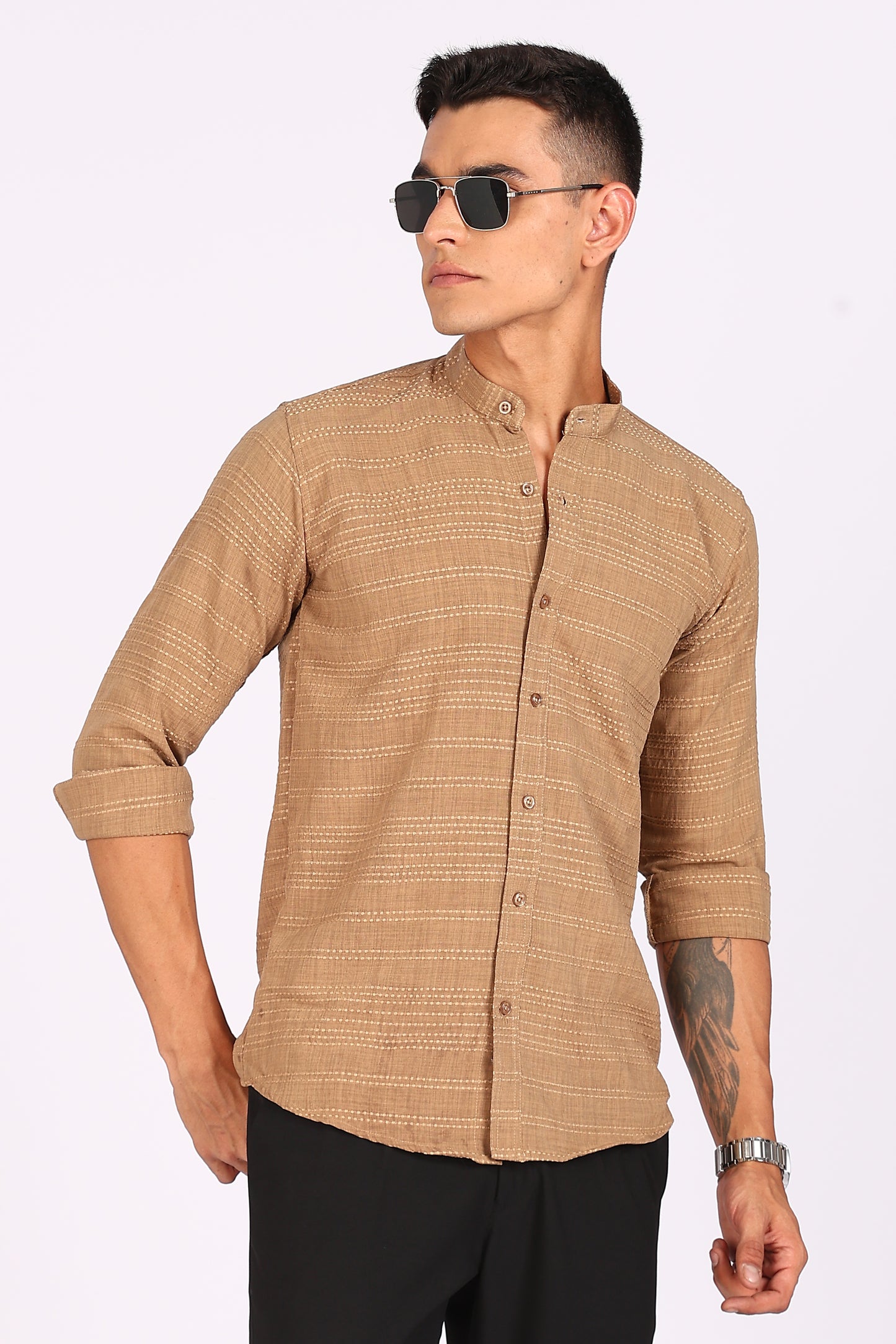 Men’s Beige Textured Mandarin Collar Casual Shirt