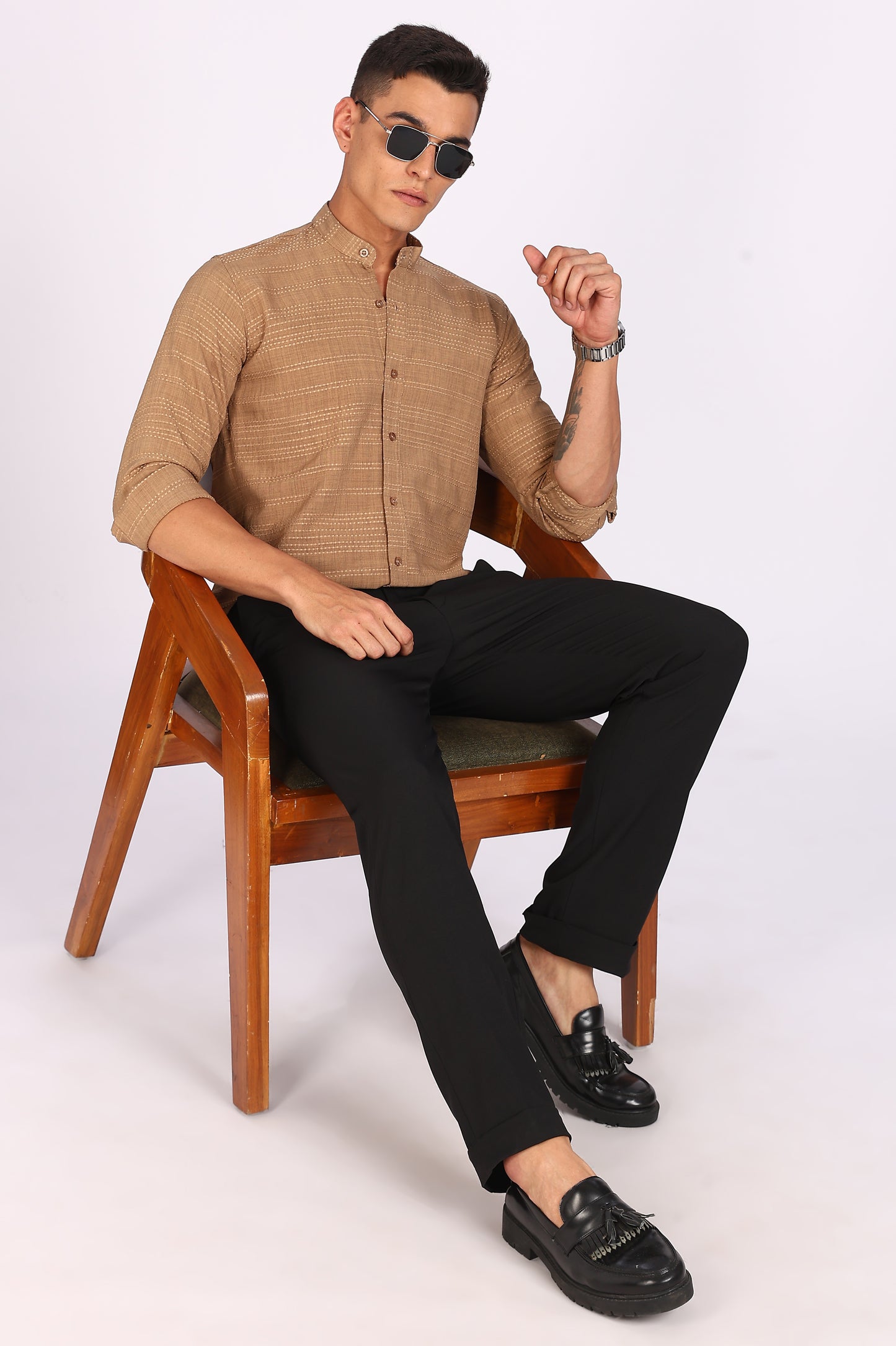 Men’s Beige Textured Mandarin Collar Casual Shirt