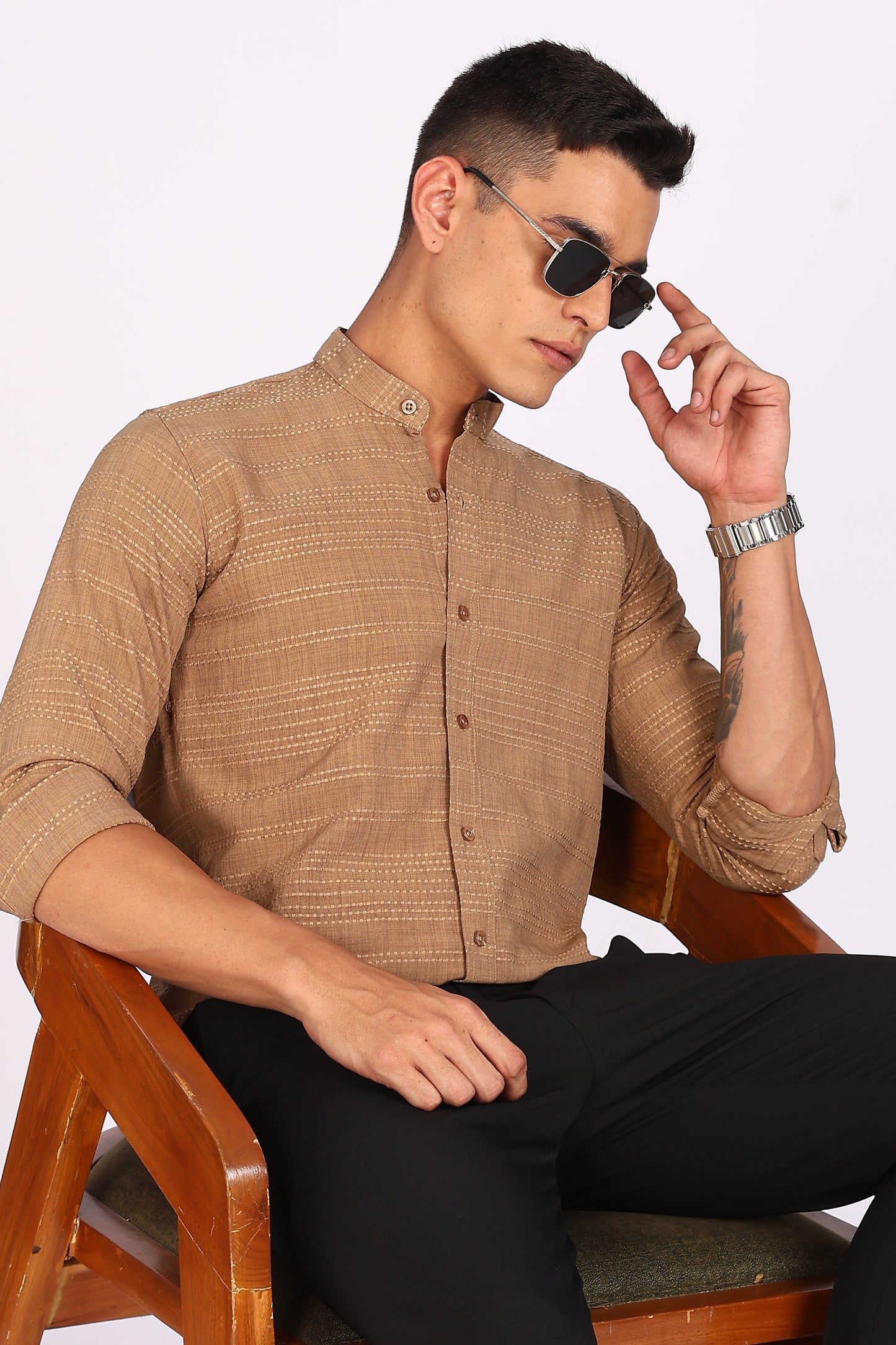 Men’s Beige Textured Mandarin Collar Casual Shirt
