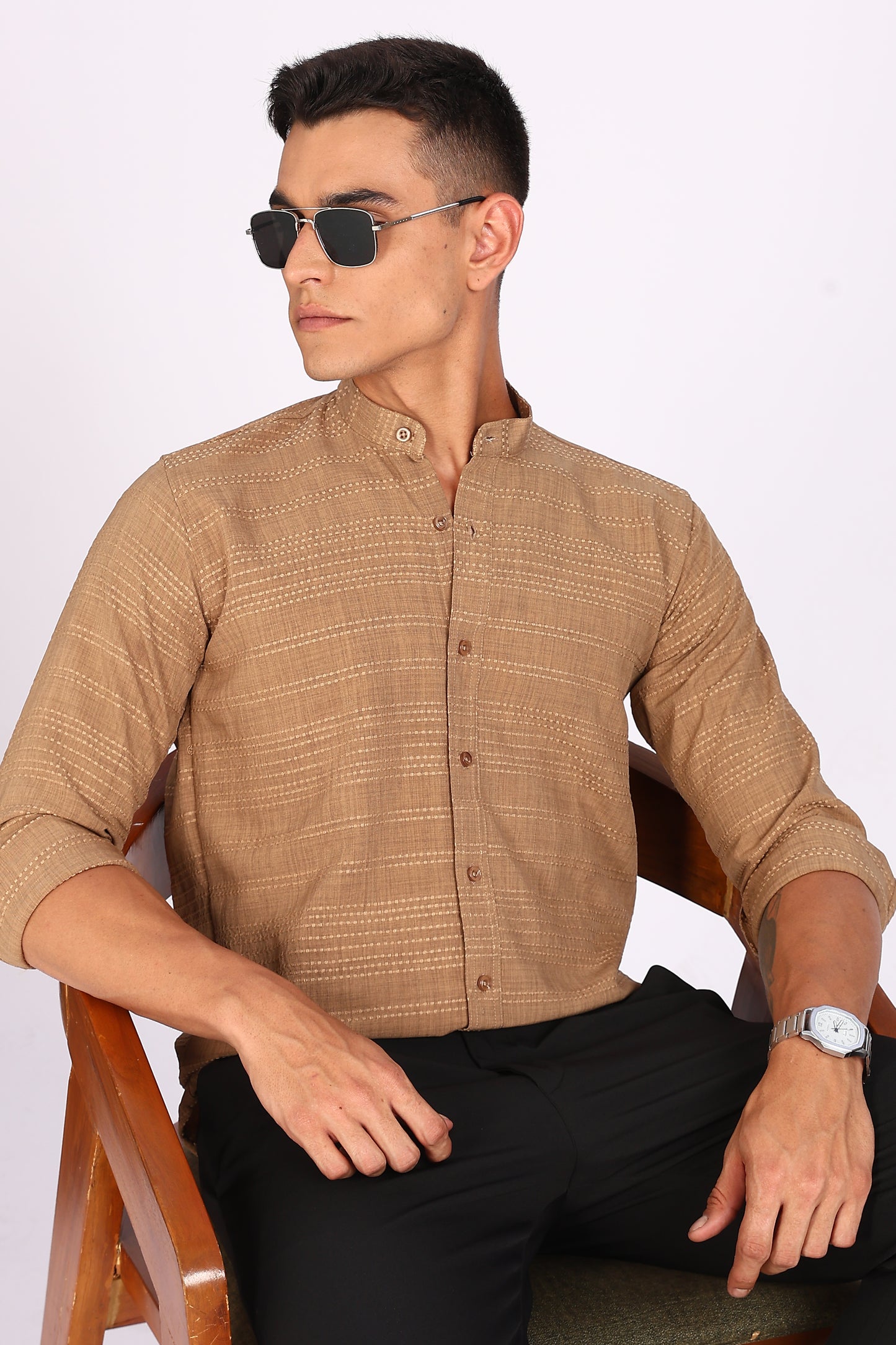 Men’s Beige Textured Mandarin Collar Casual Shirt