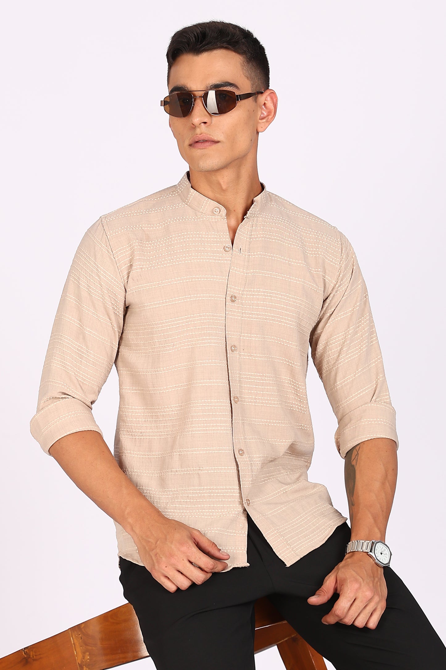 Regular Fit Men’s Light Beige Textured Mandarin Collar Casual Shirt