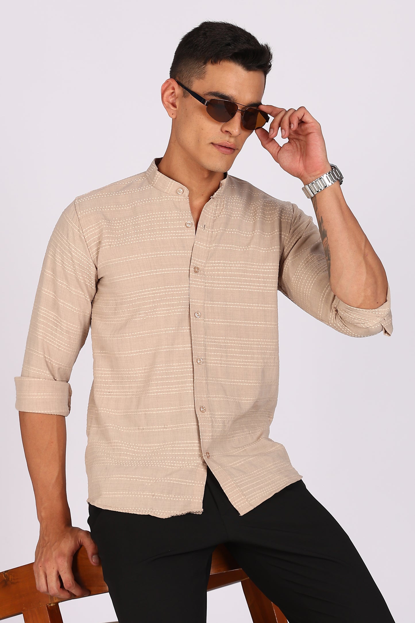 Regular Fit Men’s Light Beige Textured Mandarin Collar Casual Shirt