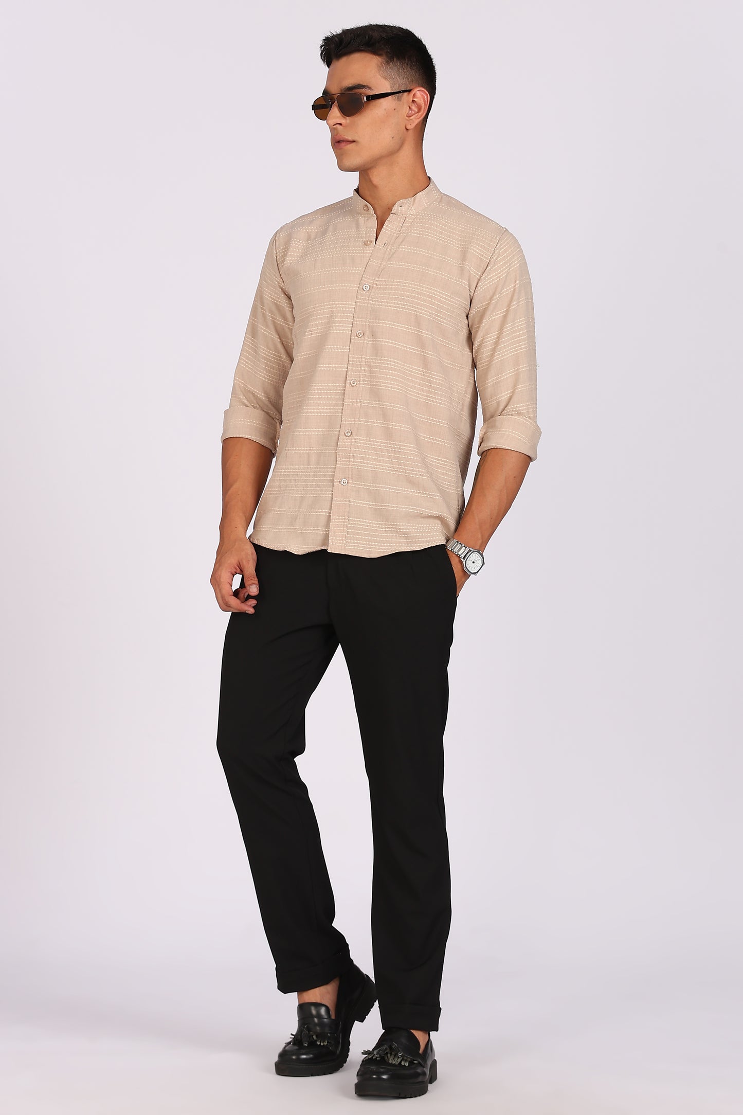 Regular Fit Men’s Light Beige Textured Mandarin Collar Casual Shirt