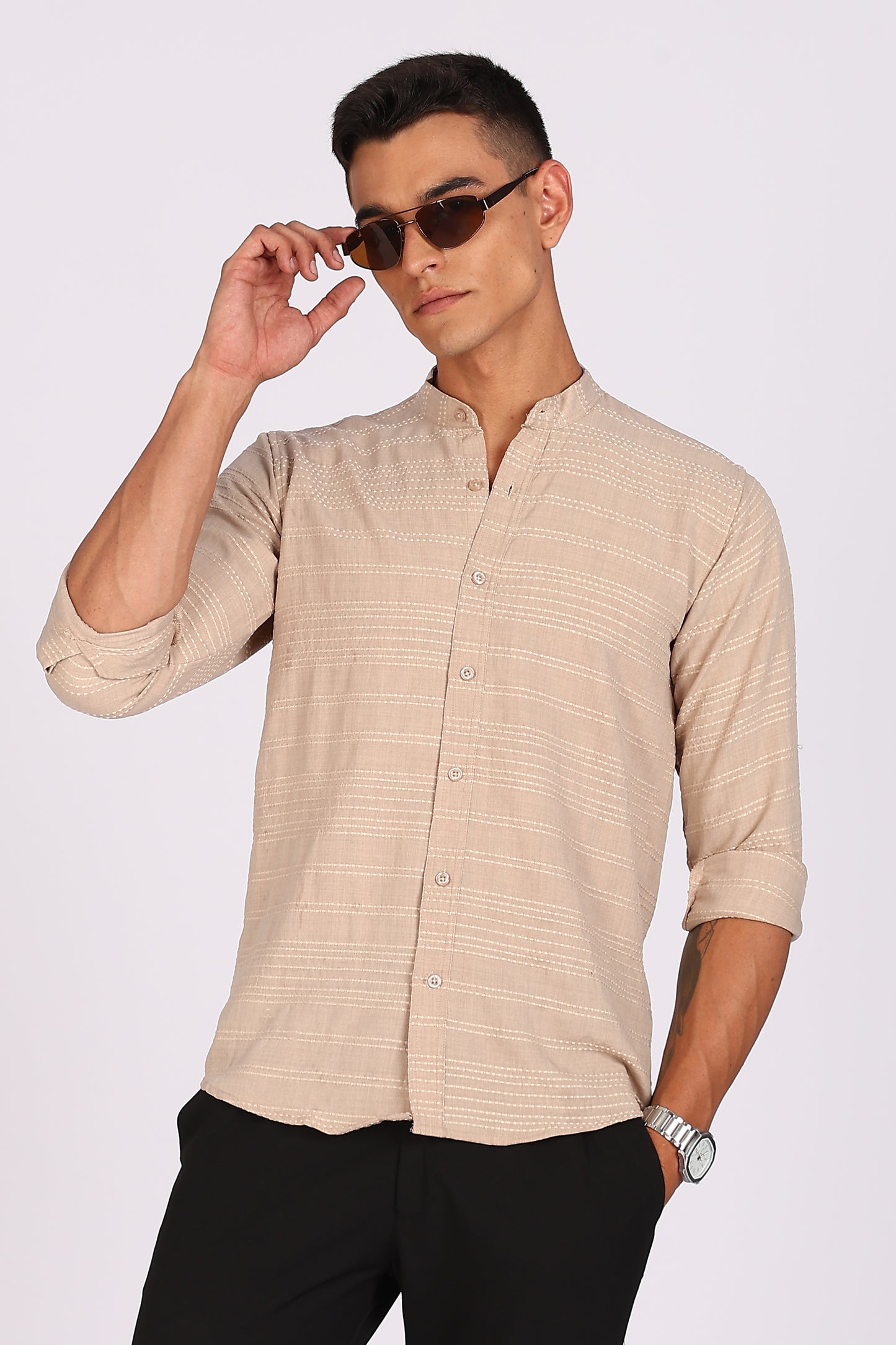 Regular Fit Men’s Light Beige Textured Mandarin Collar Casual Shirt