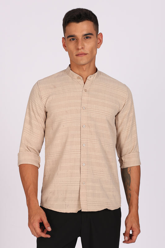 Regular Fit Men’s Light Beige Textured Mandarin Collar Casual Shirt