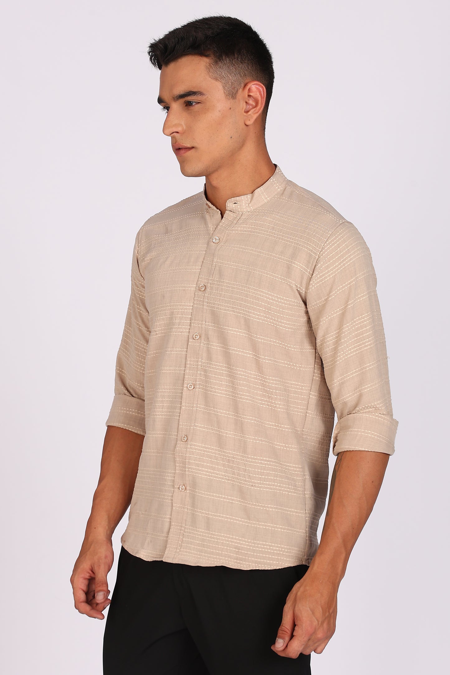 Regular Fit Men’s Light Beige Textured Mandarin Collar Casual Shirt