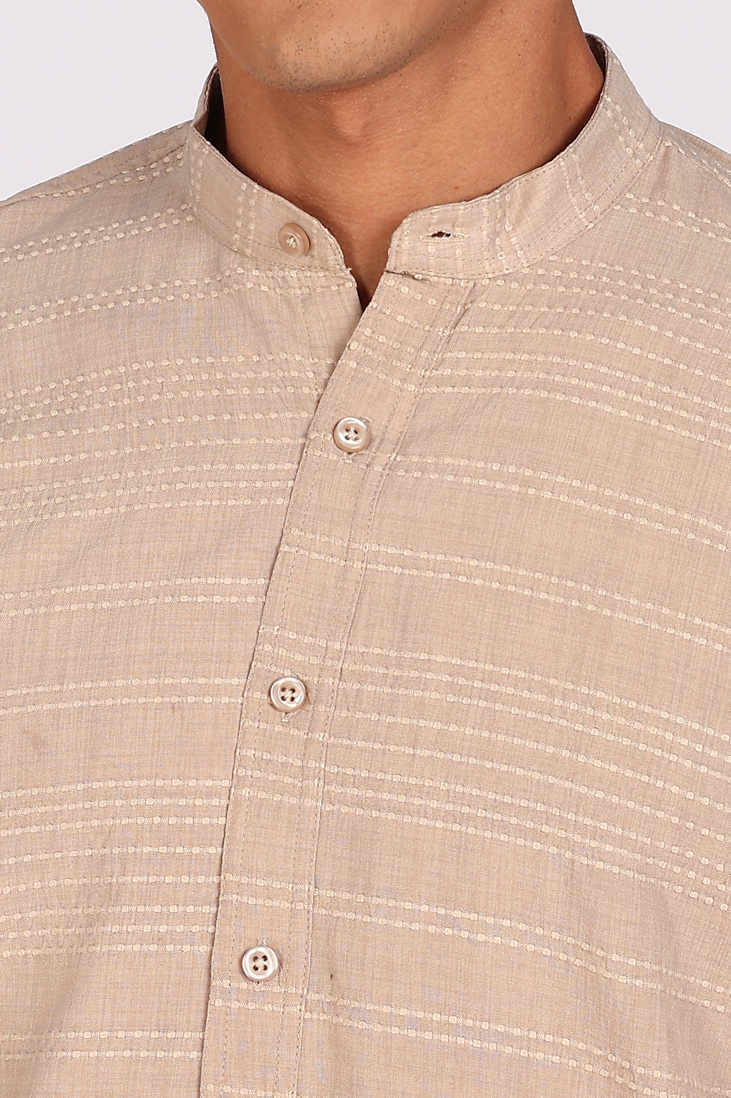 Regular Fit Men’s Light Beige Textured Mandarin Collar Casual Shirt