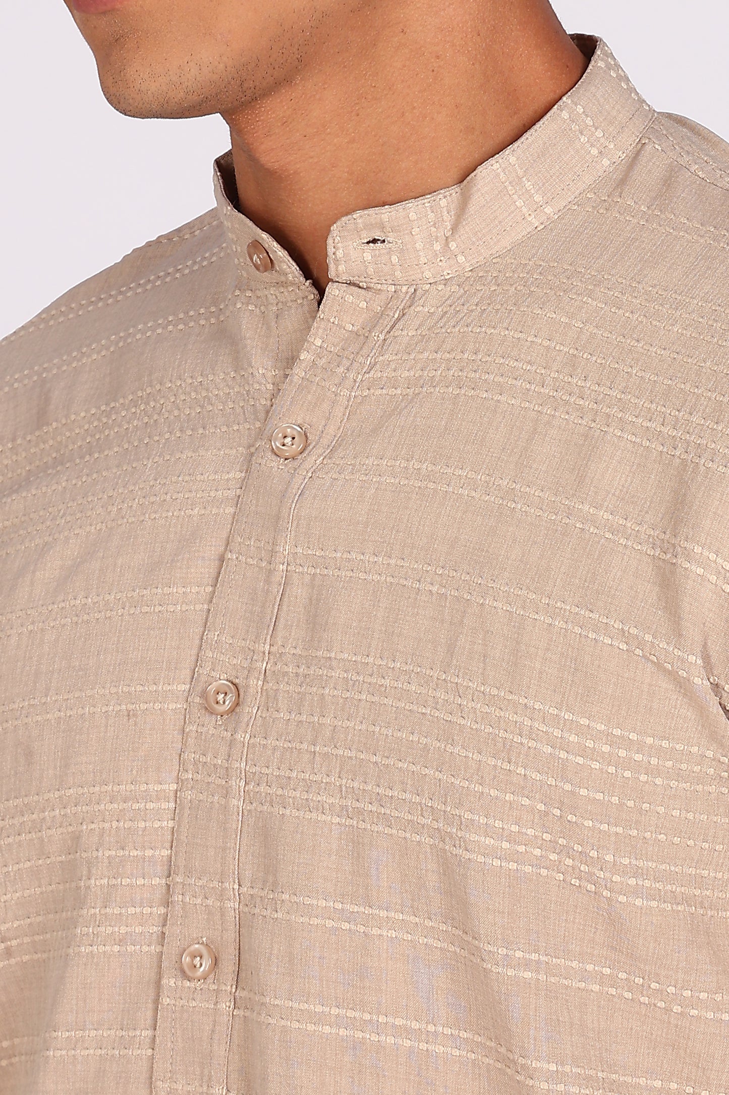 Regular Fit Men’s Light Beige Textured Mandarin Collar Casual Shirt