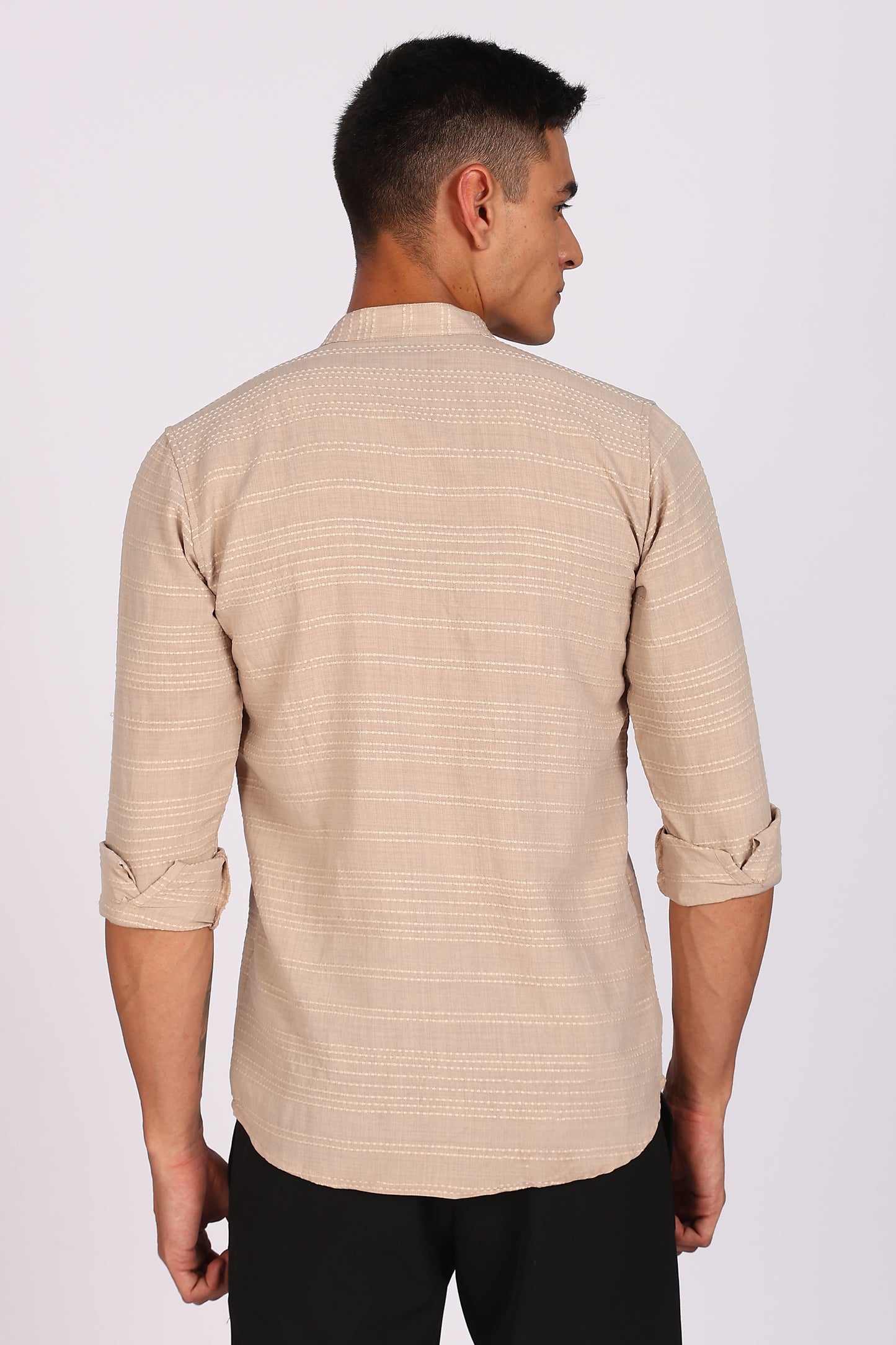 Regular Fit Men’s Light Beige Textured Mandarin Collar Casual Shirt