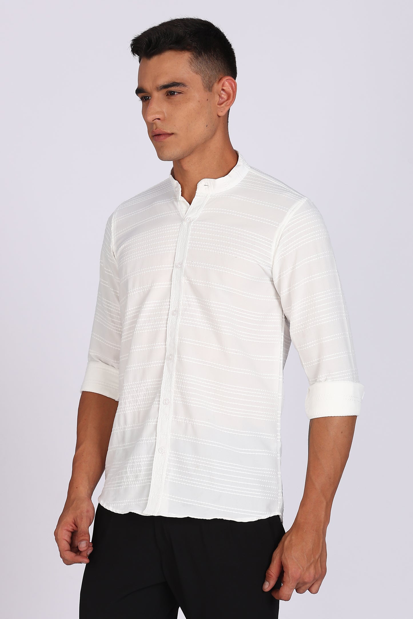 Men’s White Textured Mandarin Collar Casual Shirt
