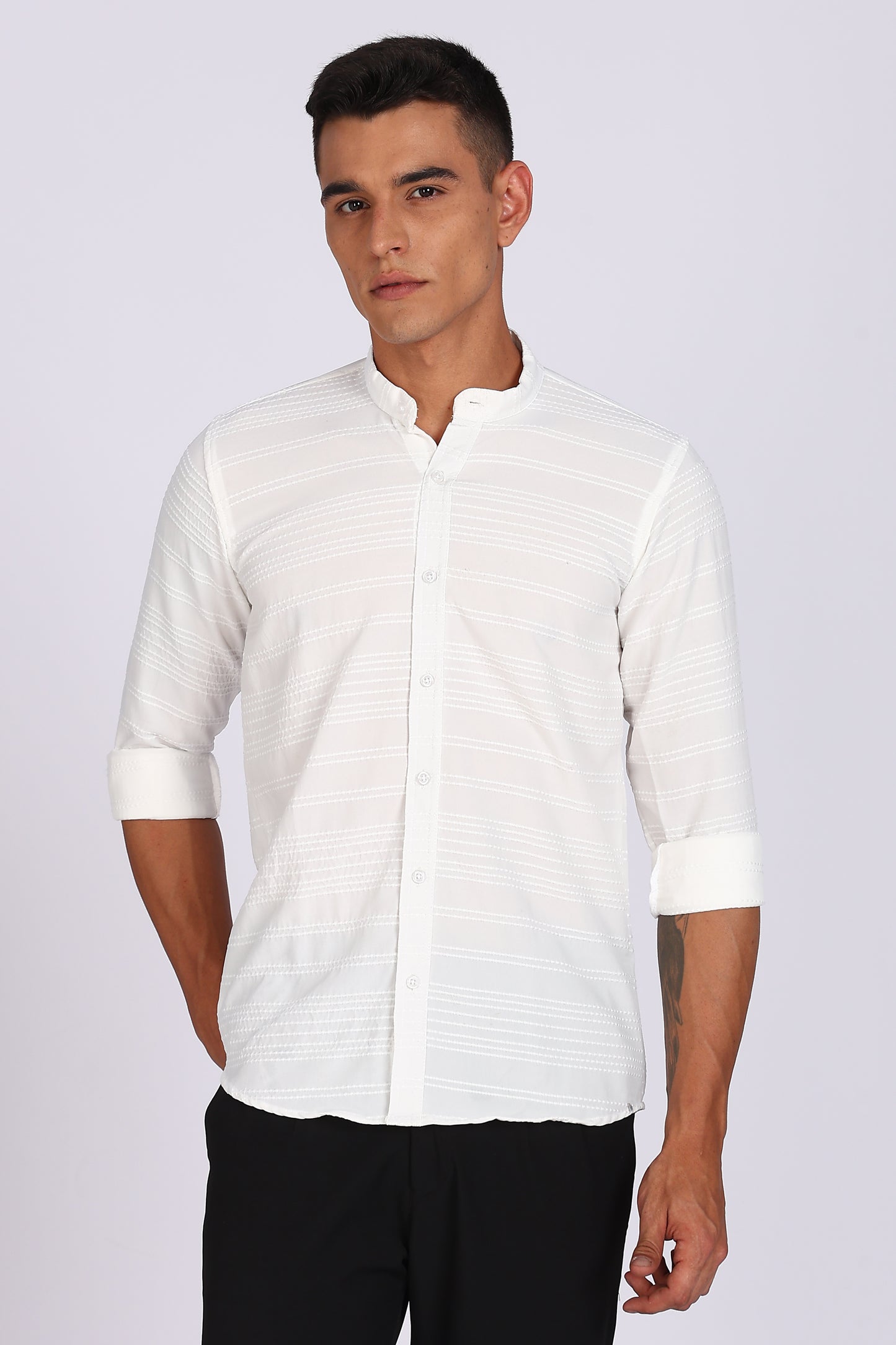 Men’s White Textured Mandarin Collar Casual Shirt