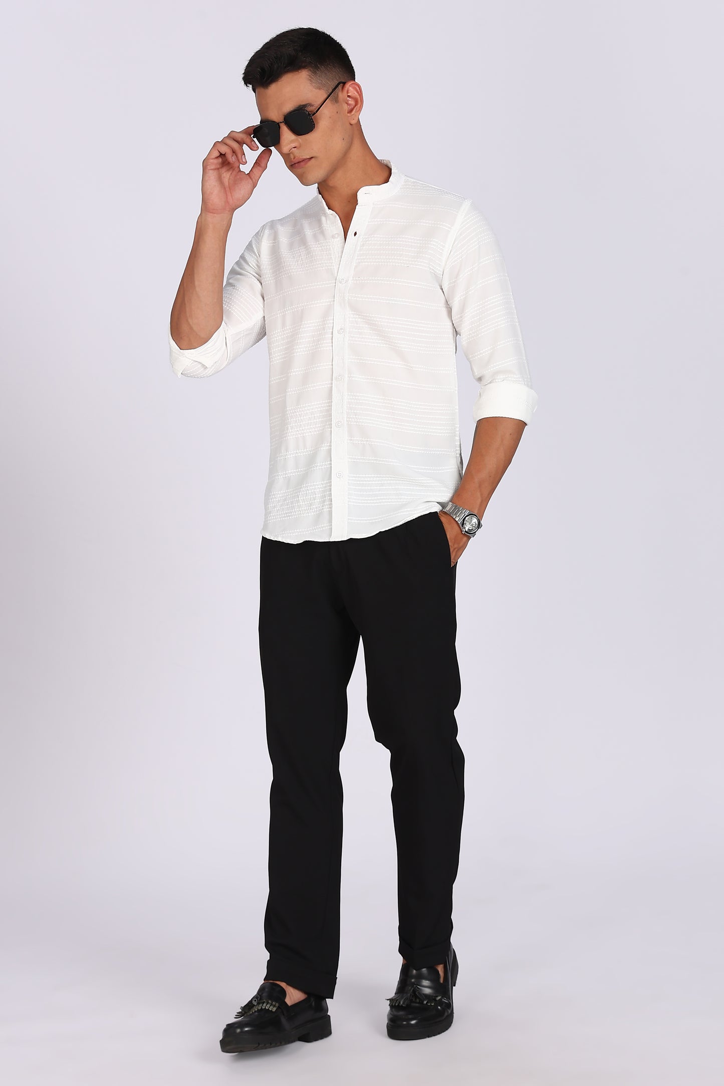 Men’s White Textured Mandarin Collar Casual Shirt