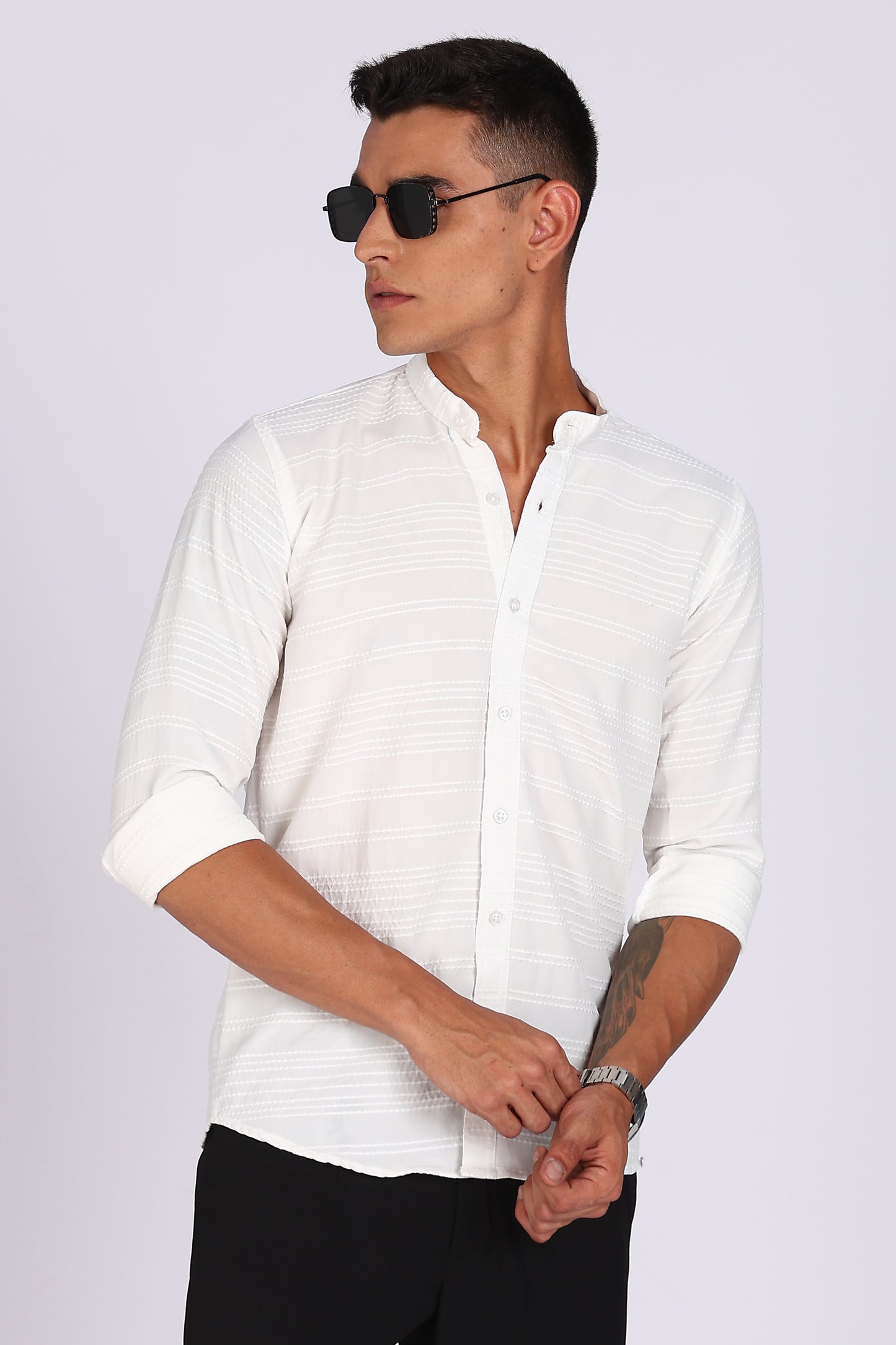 Men’s White Textured Mandarin Collar Casual Shirt