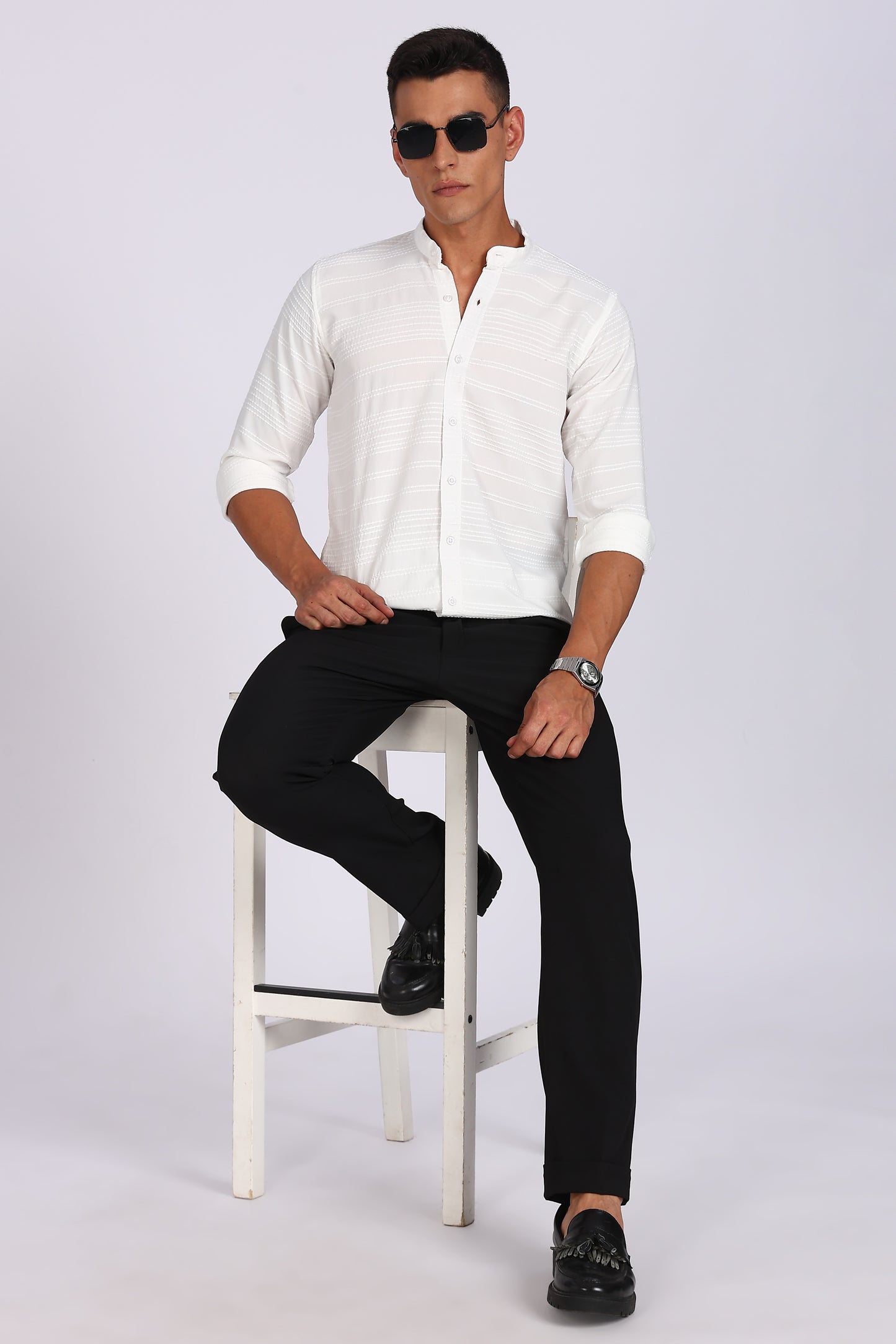 Men’s White Textured Mandarin Collar Casual Shirt