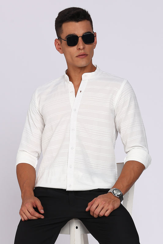 Men’s White Textured Mandarin Collar Casual Shirt