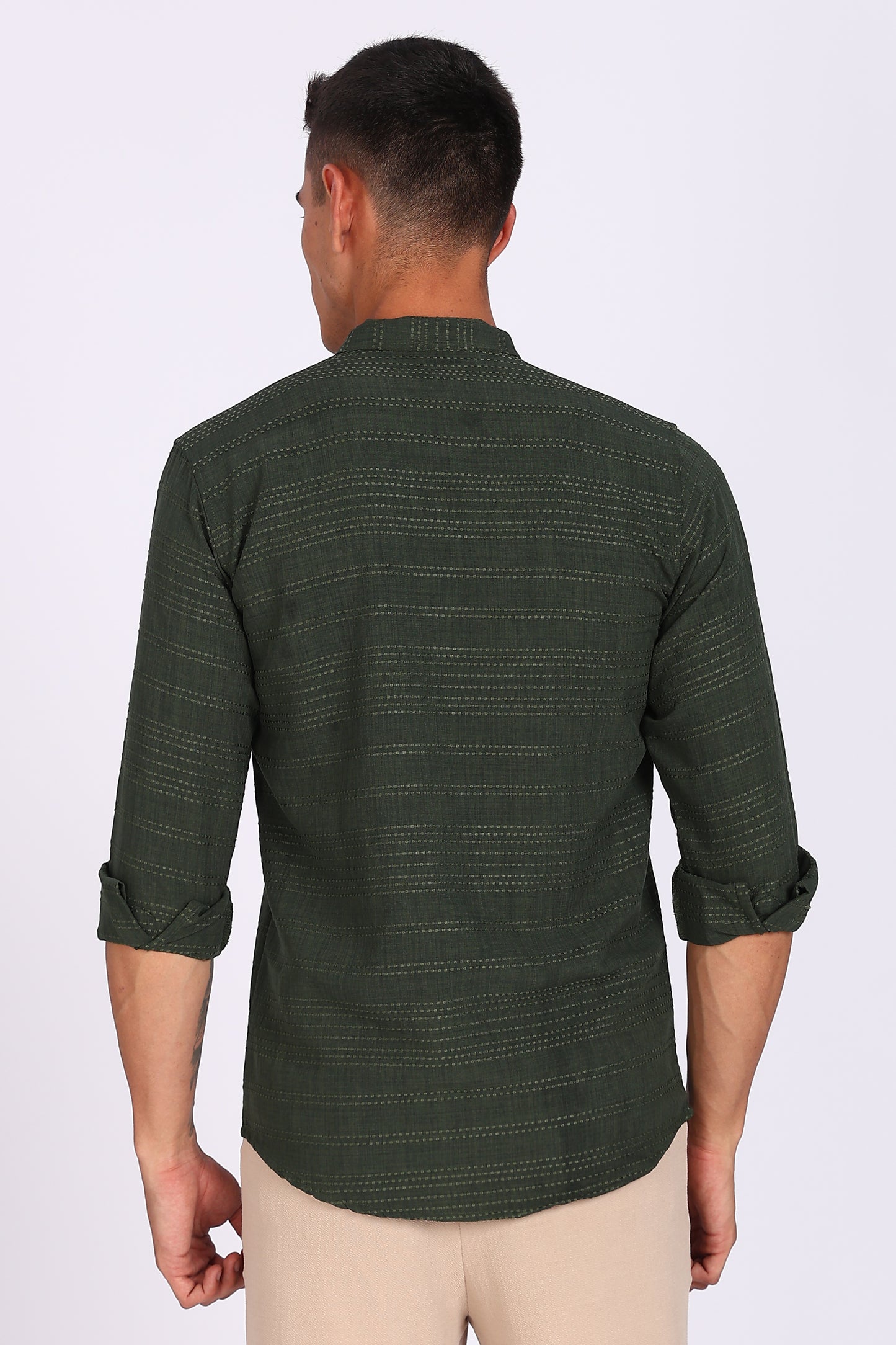 Regular Fit Men’s Dark Green Textured Mandarin Collar Casual Shirt