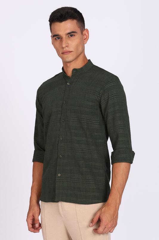 Regular Fit Men’s Dark Green Textured Mandarin Collar Casual Shirt