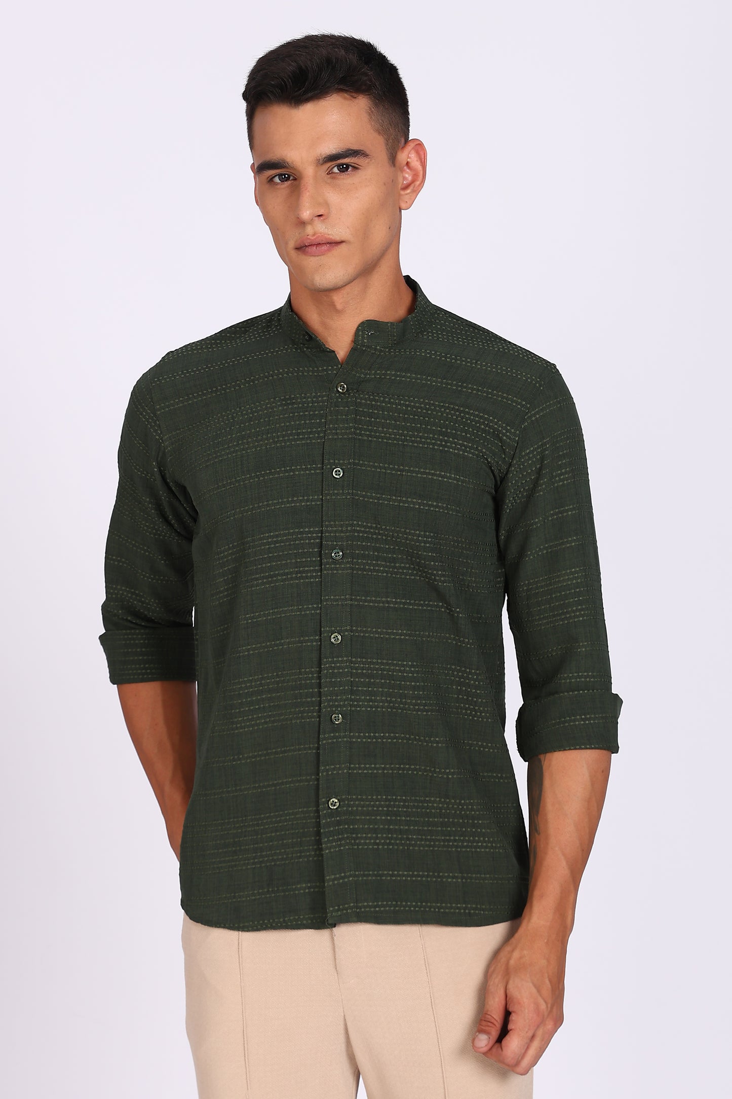 Regular Fit Men’s Dark Green Textured Mandarin Collar Casual Shirt