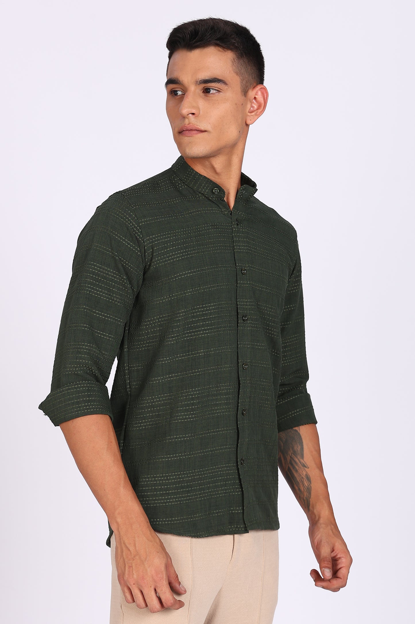 Regular Fit Men’s Dark Green Textured Mandarin Collar Casual Shirt