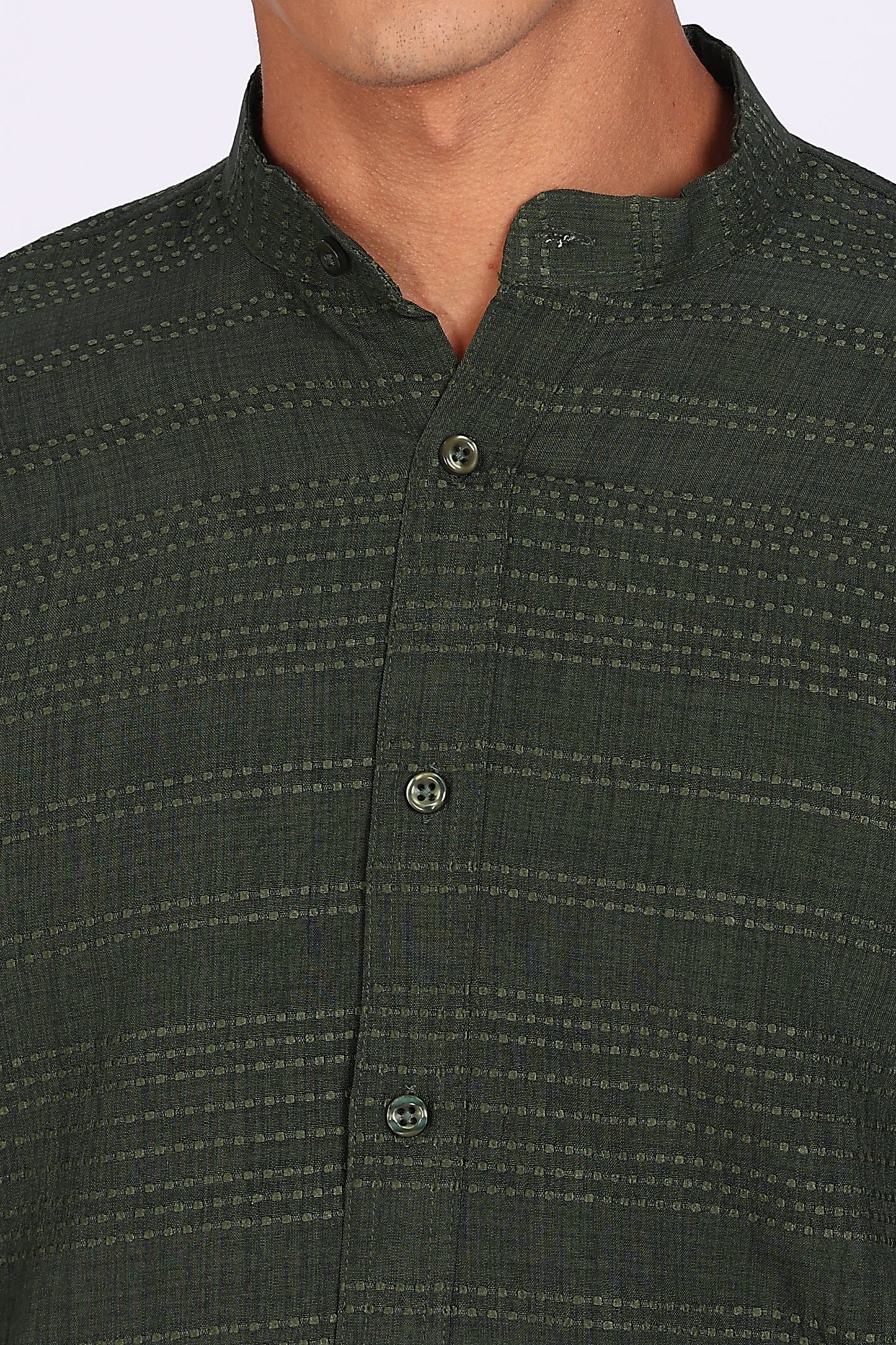Regular Fit Men’s Dark Green Textured Mandarin Collar Casual Shirt