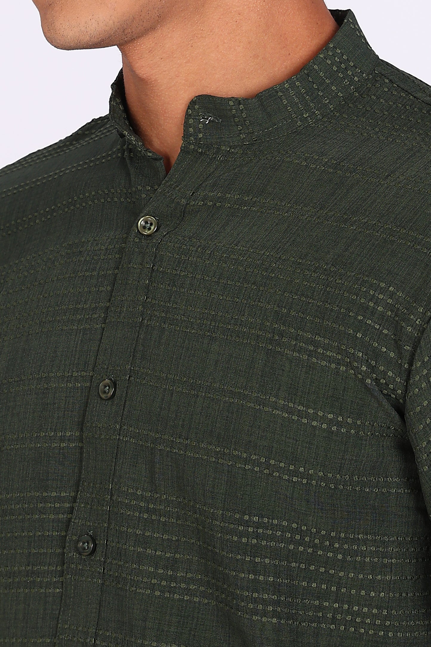 Regular Fit Men’s Dark Green Textured Mandarin Collar Casual Shirt