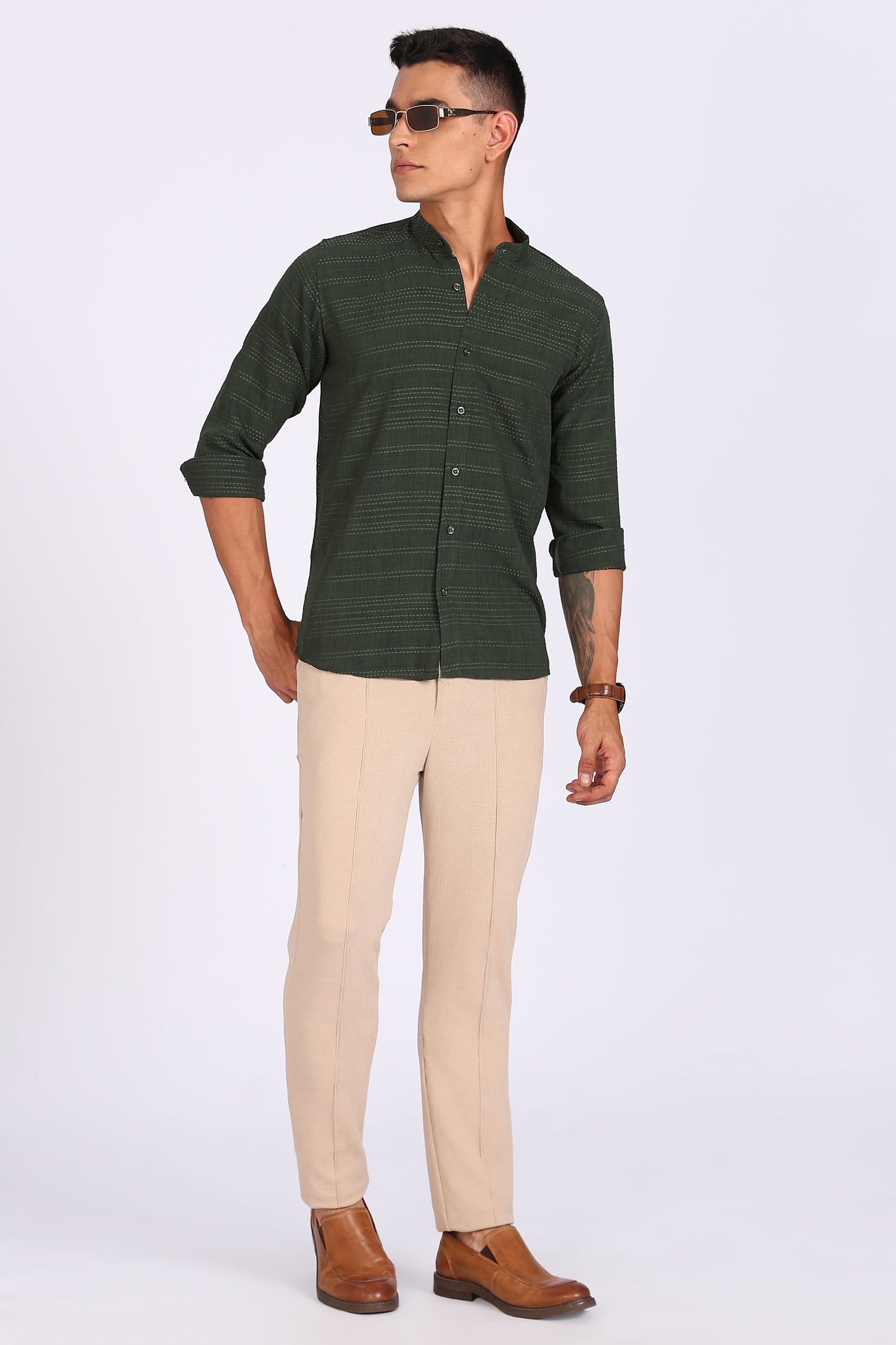 Regular Fit Men’s Dark Green Textured Mandarin Collar Casual Shirt