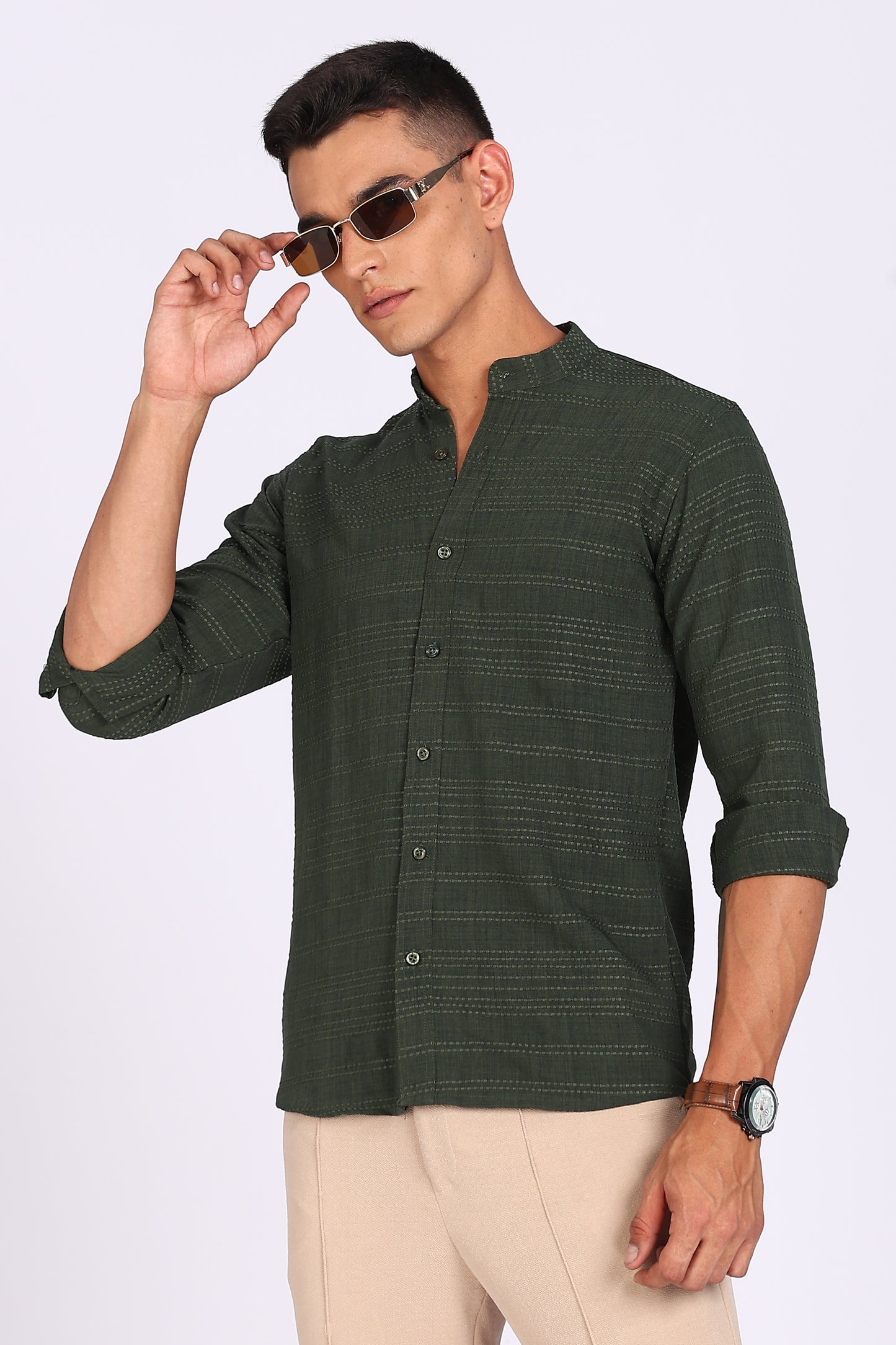 Regular Fit Men’s Dark Green Textured Mandarin Collar Casual Shirt