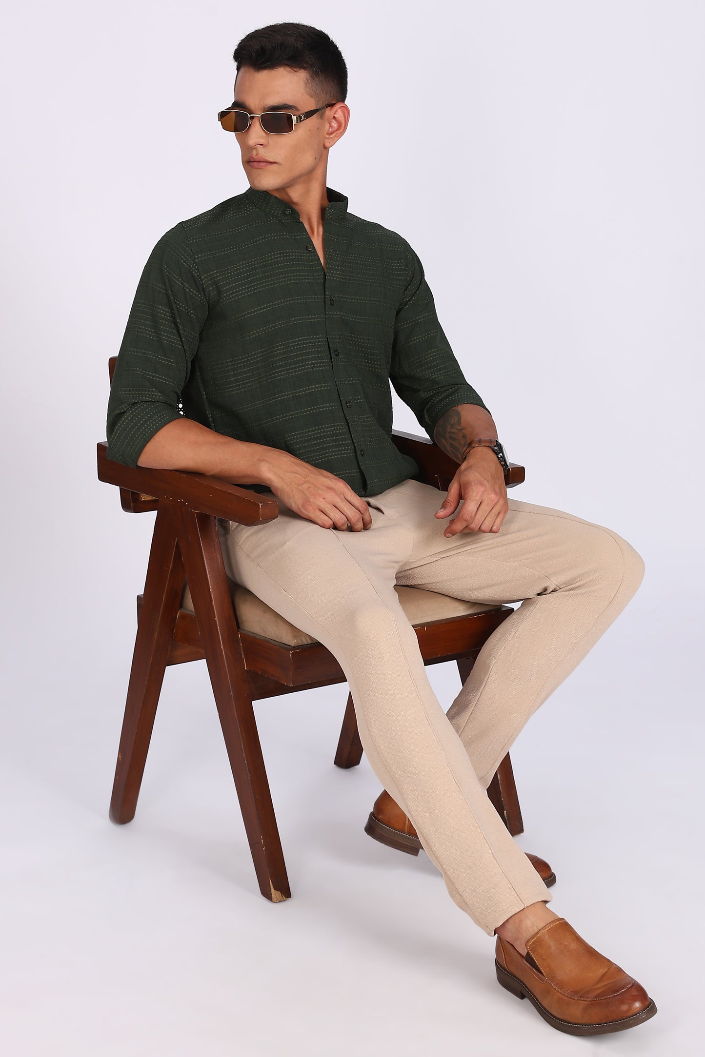 Regular Fit Men’s Dark Green Textured Mandarin Collar Casual Shirt