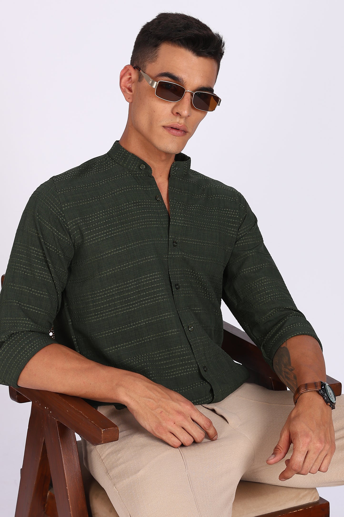 Regular Fit Men’s Dark Green Textured Mandarin Collar Casual Shirt