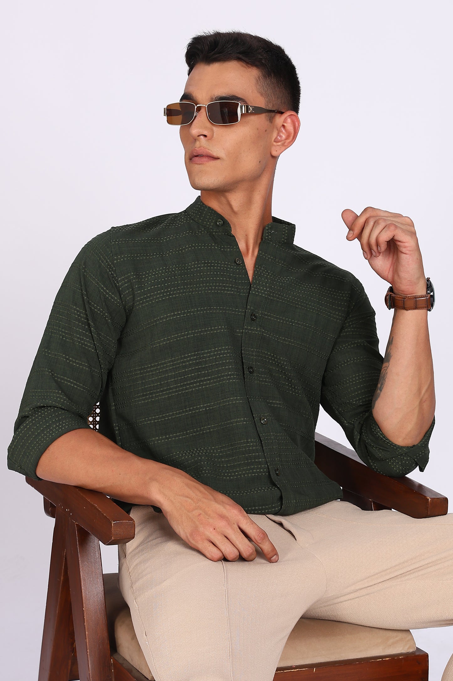Regular Fit Men’s Dark Green Textured Mandarin Collar Casual Shirt