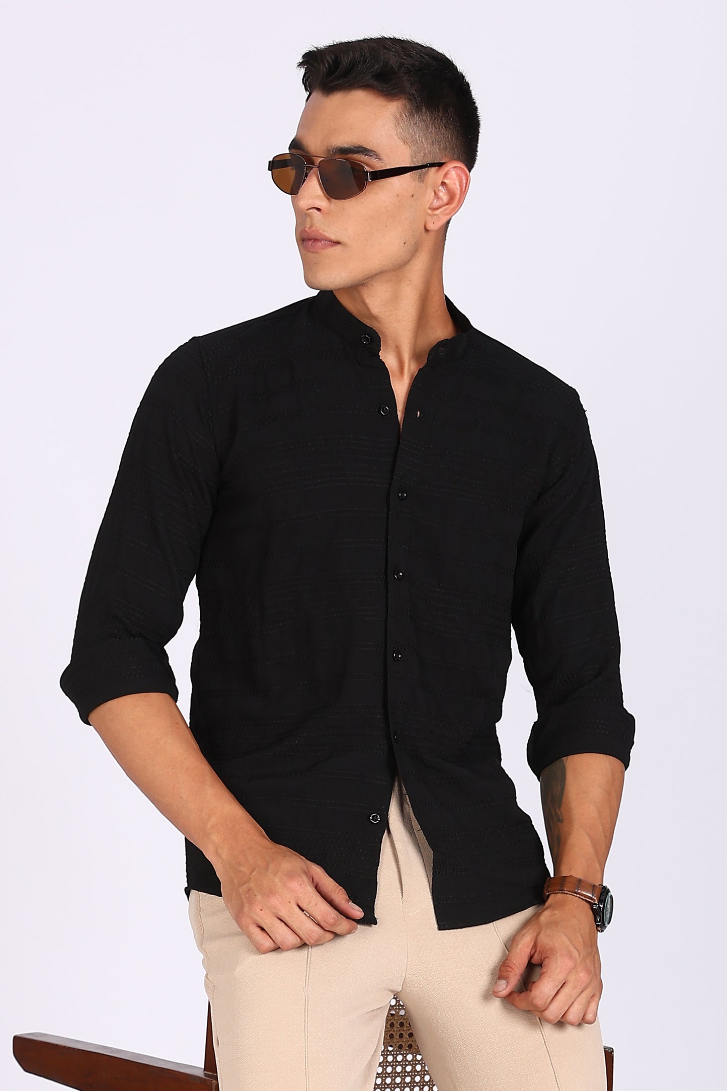 Regular Fit Men’s Black Textured Mandarin Collar Casual Shirt
