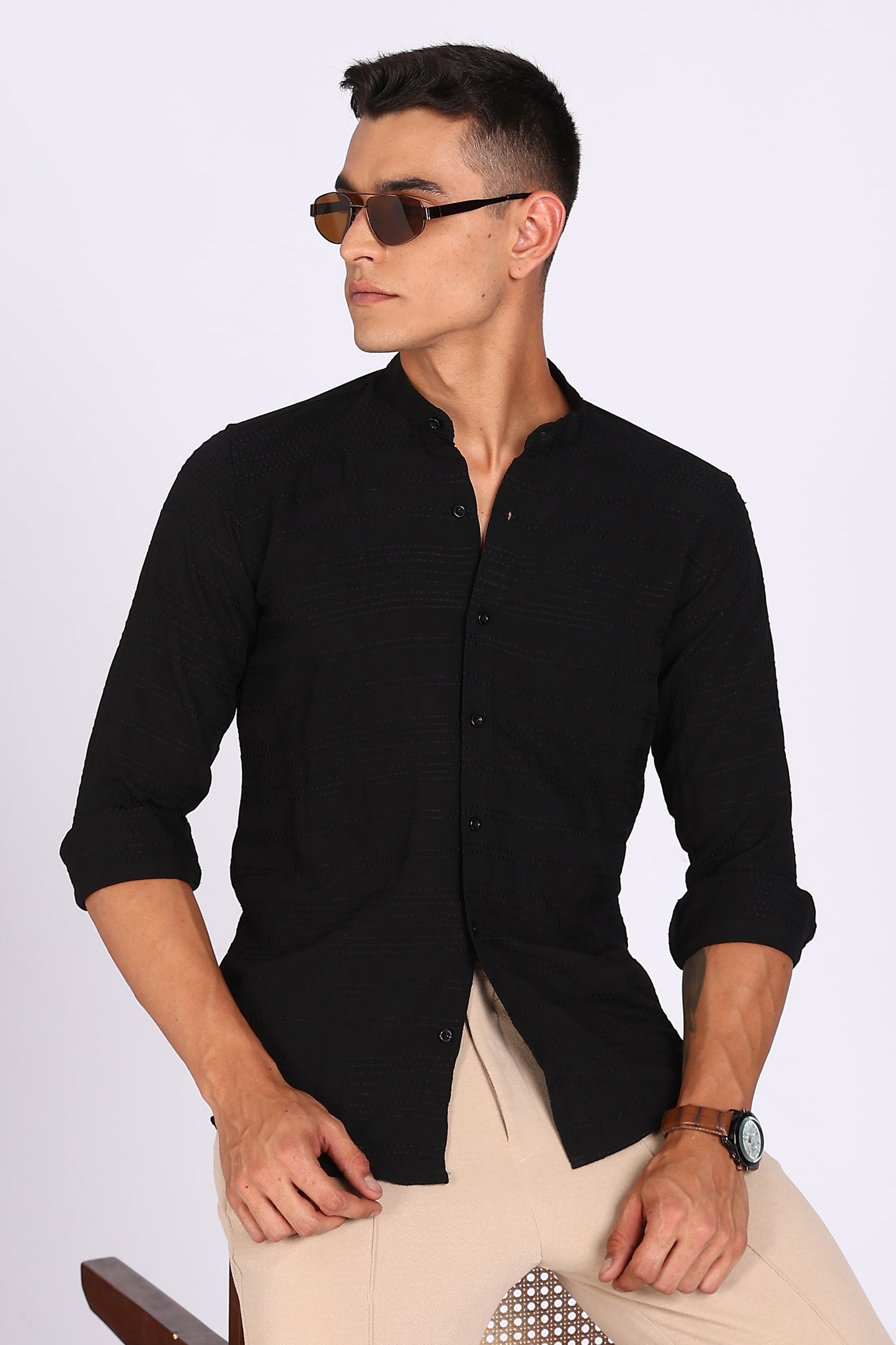 Regular Fit Men’s Black Textured Mandarin Collar Casual Shirt