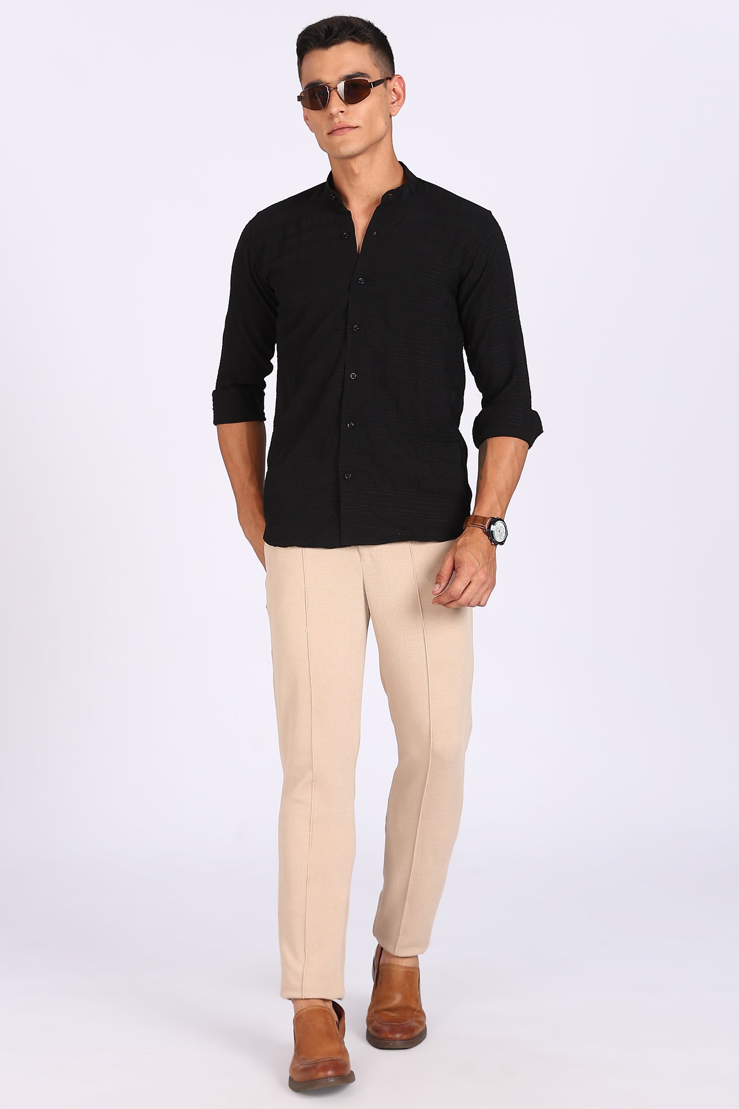 Regular Fit Men’s Black Textured Mandarin Collar Casual Shirt