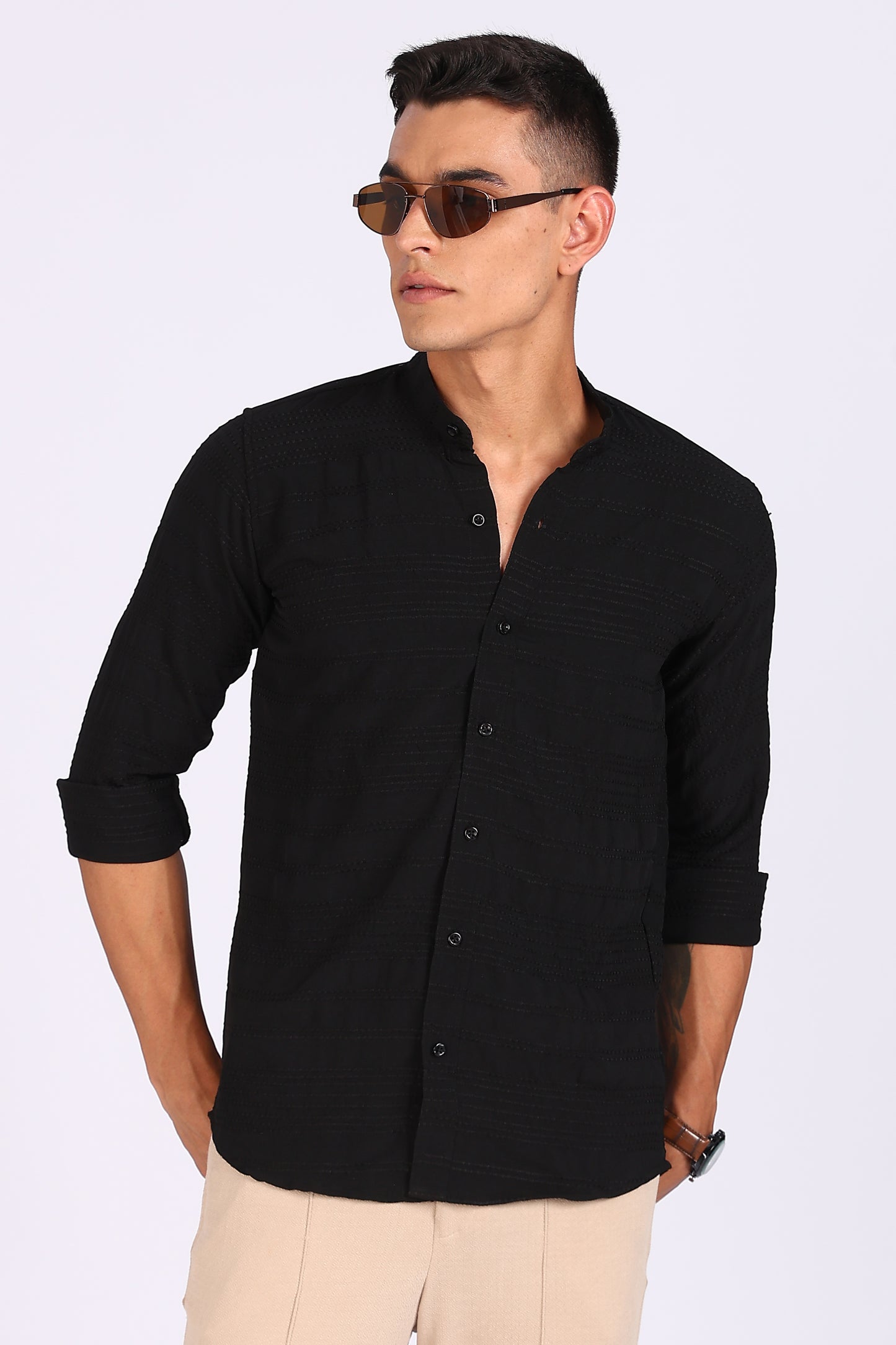 Regular Fit Men’s Black Textured Mandarin Collar Casual Shirt