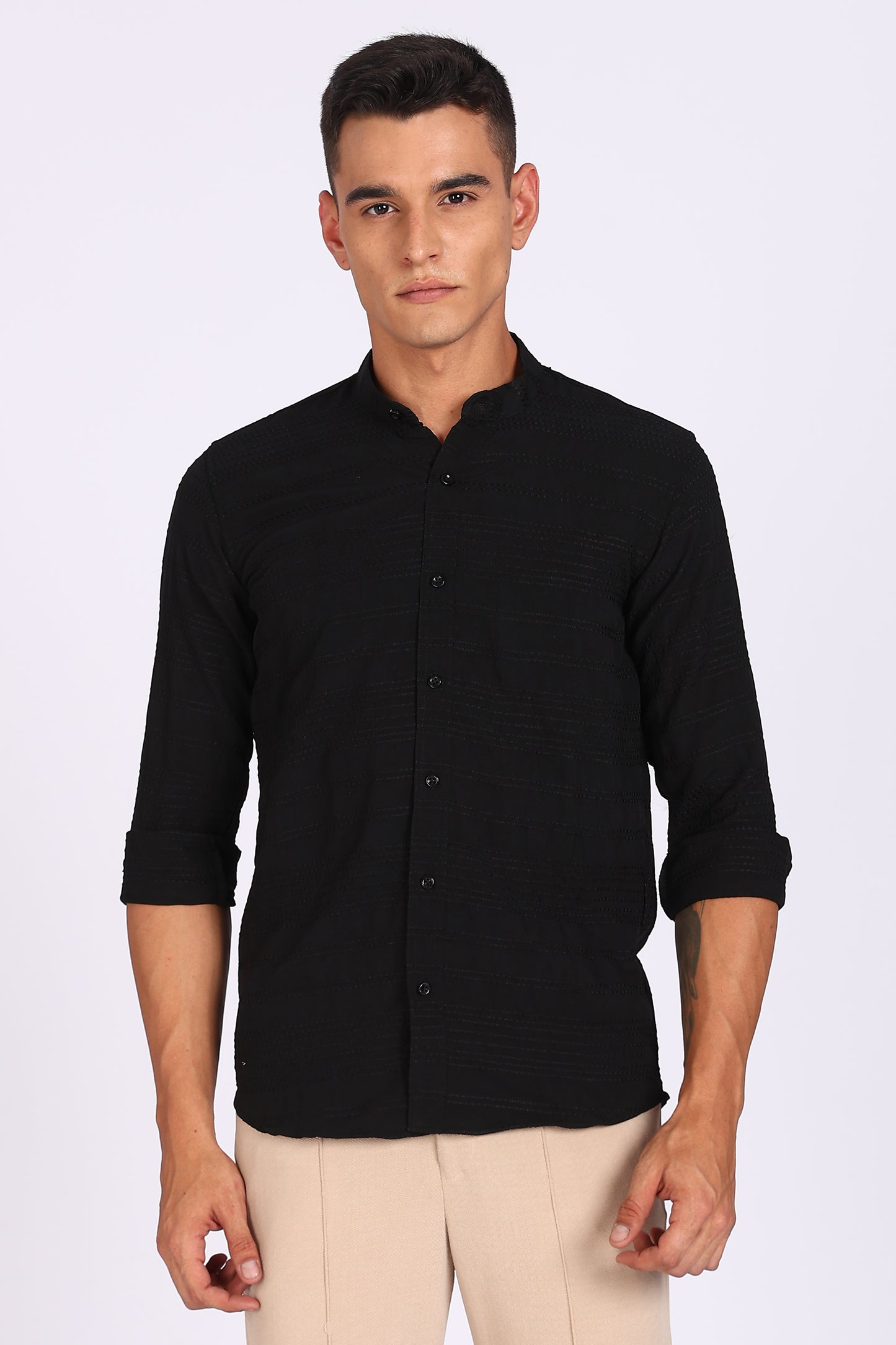 Regular Fit Men’s Black Textured Mandarin Collar Casual Shirt