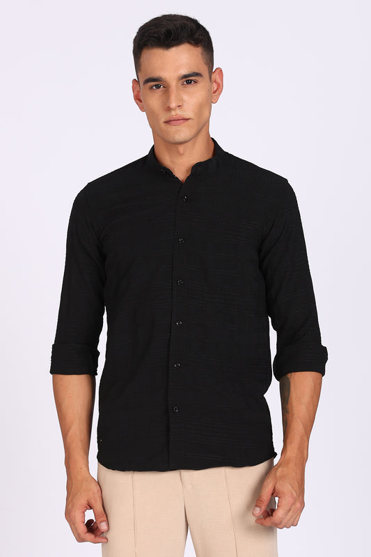Regular Fit Men’s Black Textured Mandarin Collar Casual Shirt